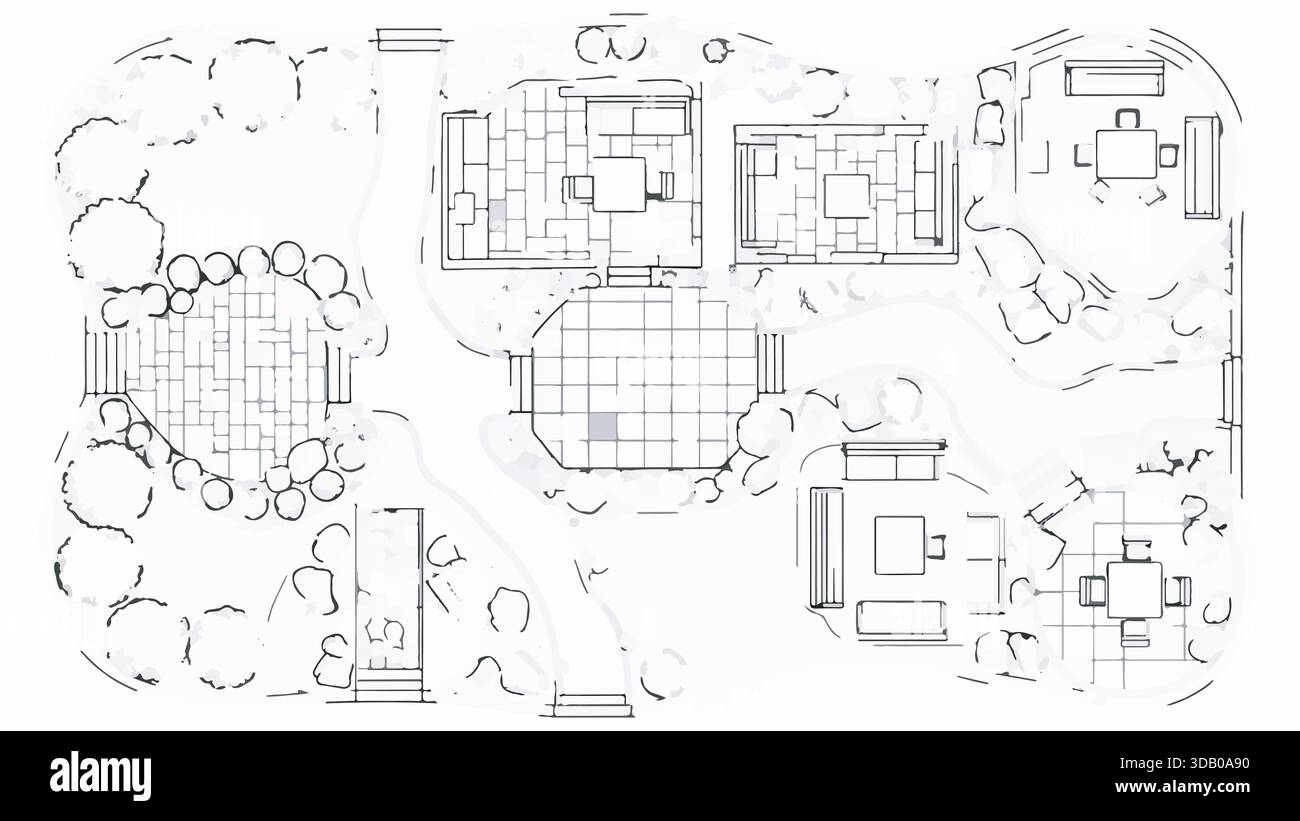 Architektonische Grundrissskizze eines Wohnaufbaus mit mehreren Räumen, Außenterrasse und Gartenelementen auf weißem Hintergrund. Stock Vektor