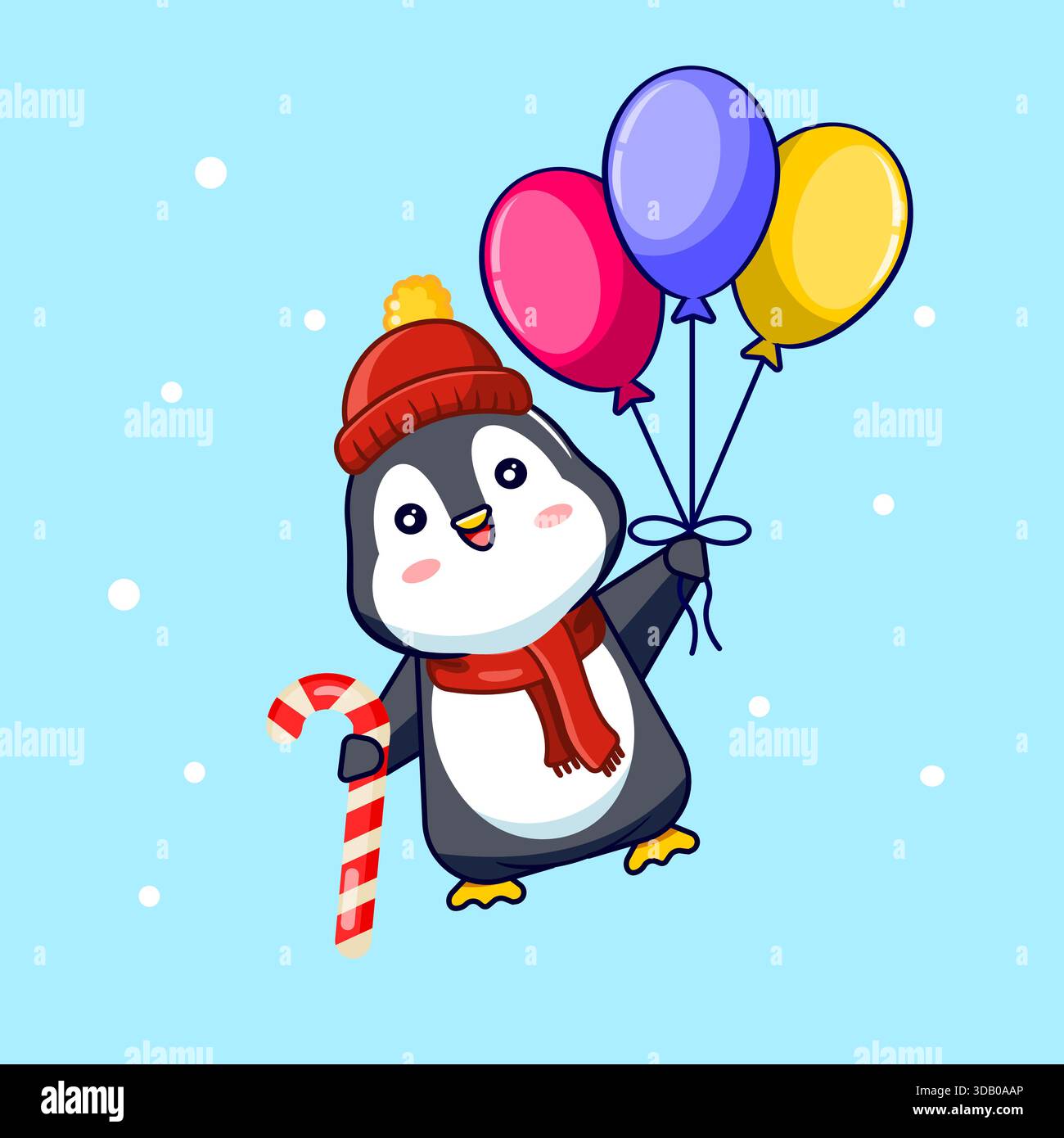 Happy Winter Pinguin mit festlichen Ballons und Candy Stock Vektor Illustration Cartoon Design Stock Vektor
