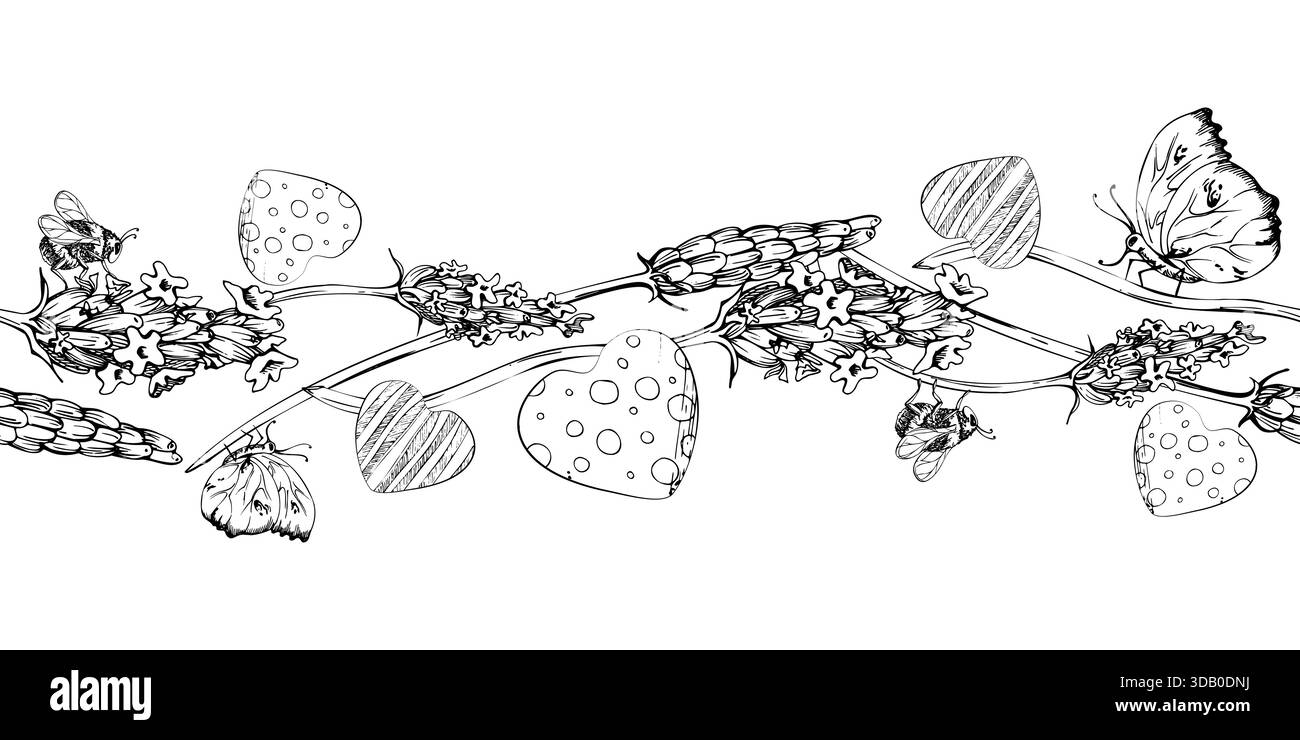 lavendelblume auf Stielen, fliegende Schmetterlinge, gestreifte und gepunktete Herzen. Isolierte nahtlose Banner Illustration Hand gezeichnet in Vektortinte Stock Vektor