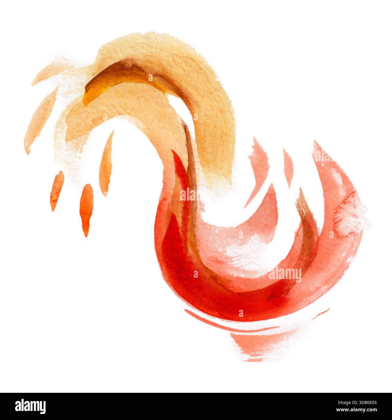 Feuriger Wirbel aus Rot und Sienna mit fesselnder Bewegung und durchscheinenden Schichten. Isolierte handgezeichnete Aquarellillustration. Ideal für ausdrucksstarke Poster Stockfoto