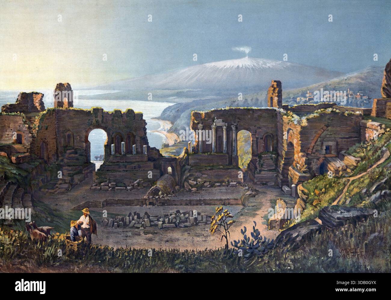 Taormina, Teatro Antico di Taormina, ein altes griechisch-römisches Theater, im Hintergrund der Ätna, Sizilien, Italien, authentische Reproduktion ein Stockfoto