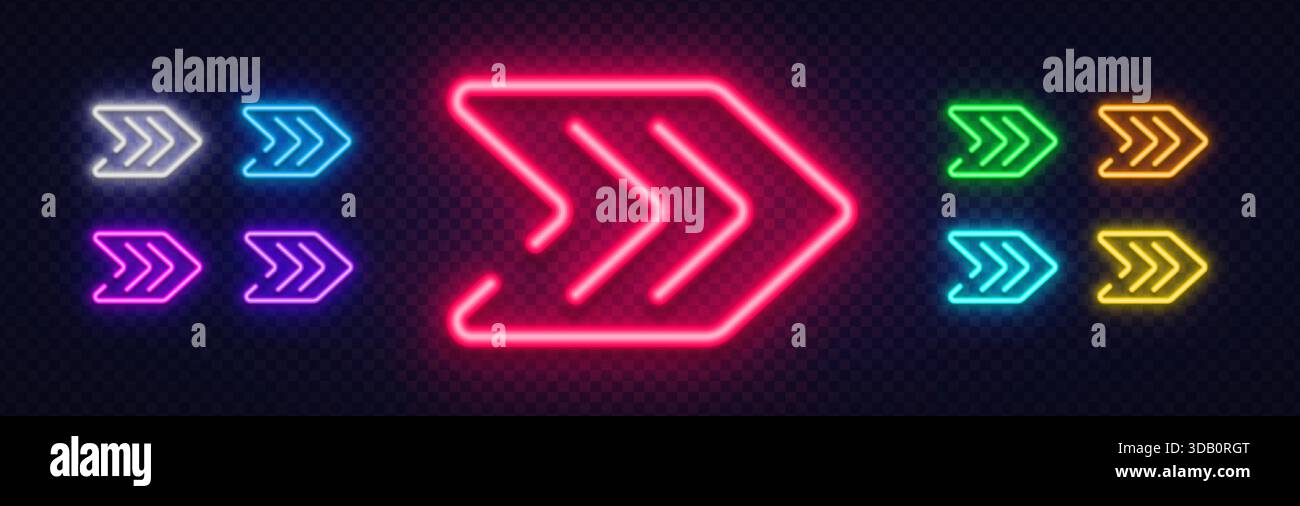 Ein auffälliger Neonpfeil aus leuchtenden Linien in leuchtenden Pink-Tönen. Die scharfe Geometrie erzeugt ein starkes Bewegungsgefühl und eine visuelle Betonung. Stock Vektor