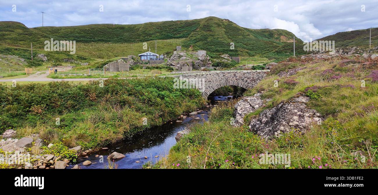 Blick auf eine alte Steinbrücke inmitten einer üppigen grünen und felsigen Landschaft an Schottlands Westküste, die sich harmonisch in die farbenfrohe Natur einfügt Stockfoto