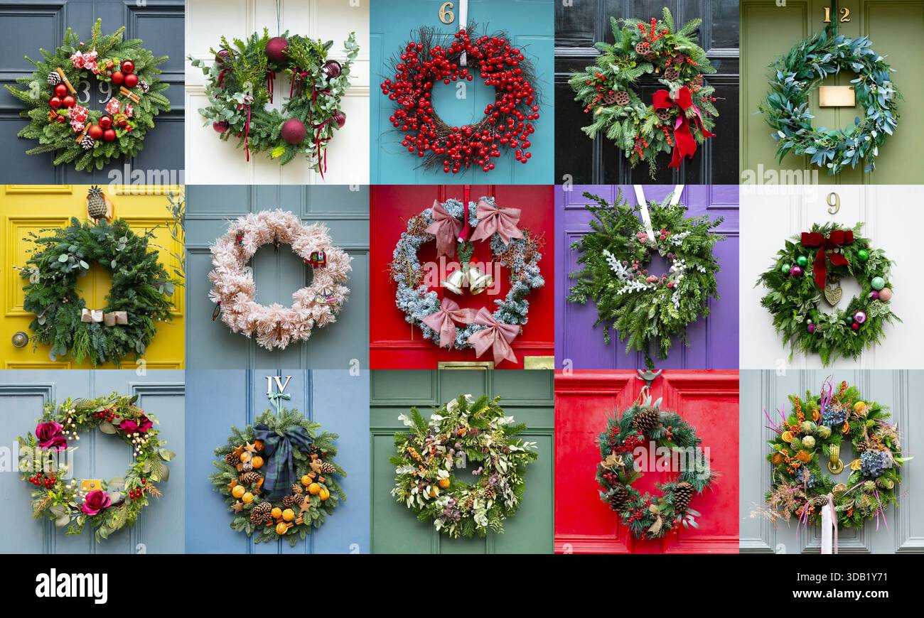 Edinburgh, Schottland, Großbritannien. Dezember 2025. Collage aus traditionellen Weihnachtskränzen an den Vordertüren großer Stadthäuser in Edinburgh's GE Stockfoto