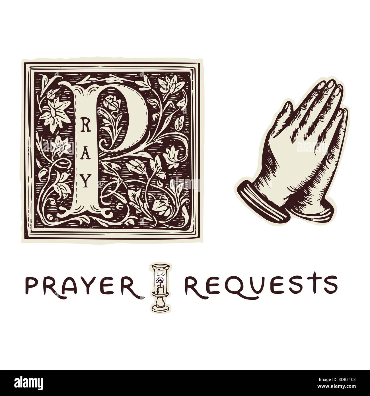 Gebetsanfrage für die Kirche oder religiöses Gebetsbanner für mich. Hand gezeichneter Schwarzweiß-Vektor isoliert. Betende Hände und heilig Stock Vektor