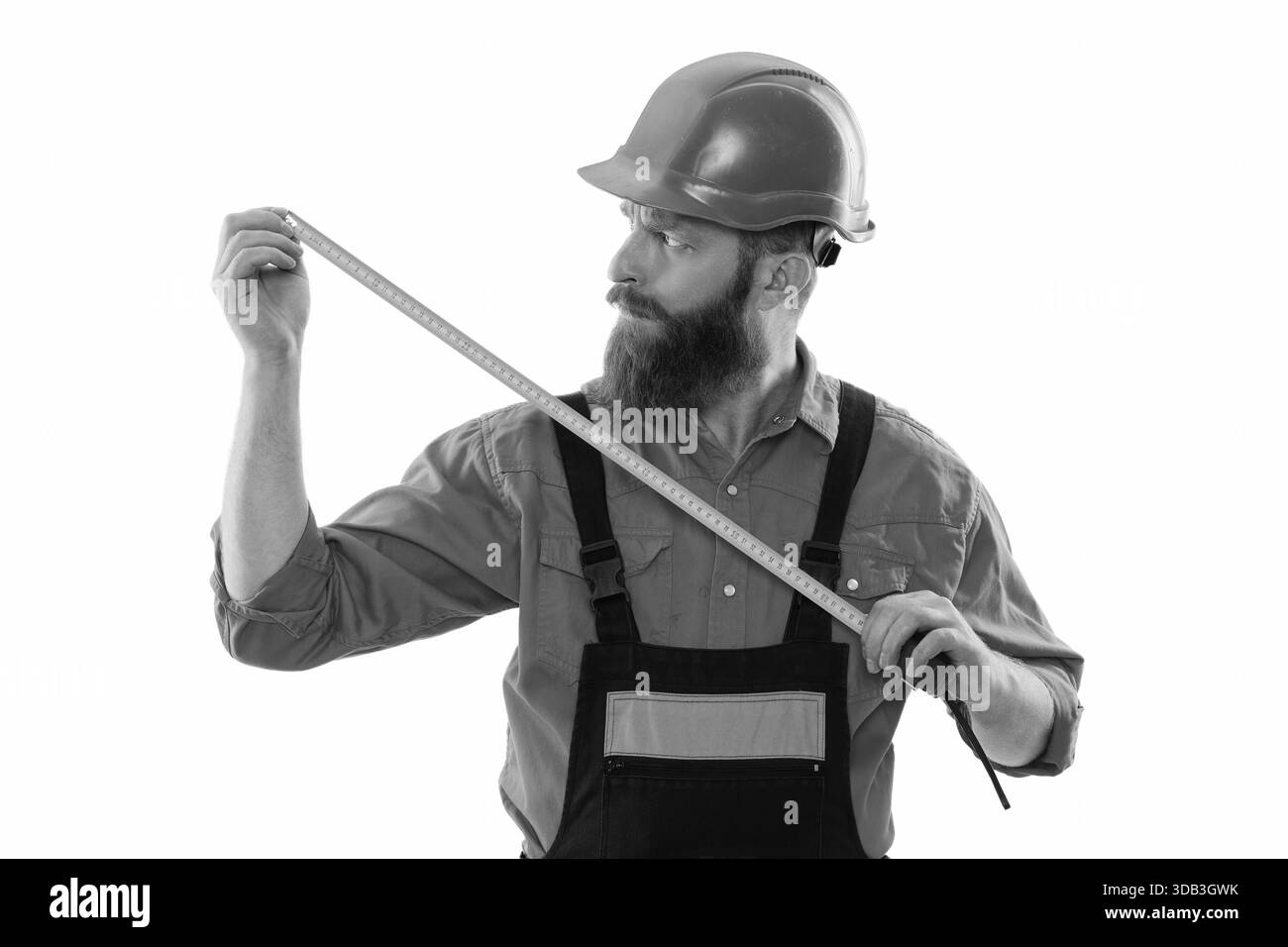 Bauarbeiter. Builder isoliert weiß. Man Bauingenieur. Architekt misst Größe. Maßband. Bauingenieur Mann. Architekt Arbeiter Mann Stockfoto