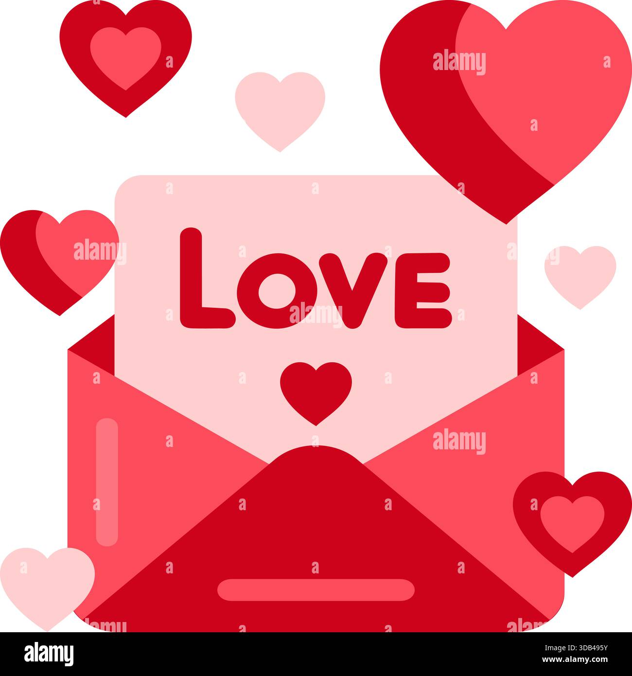 Vektorsymbol eines offenen Umschlags mit einem Buchstaben und der Aufschrift „Liebe“ und „Herzen“. Stock Vektor