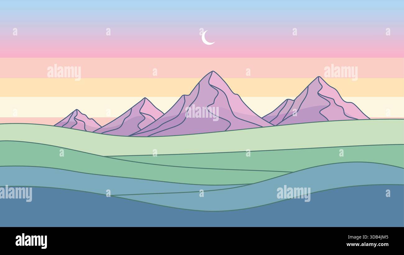 Eine flache Vektor-Berglandschaft mit mehrschichtigen Hügeln, pastellfarbenem Himmel mit Sonnenuntergang, klaren Konturen und einfachen Formen Stock Vektor