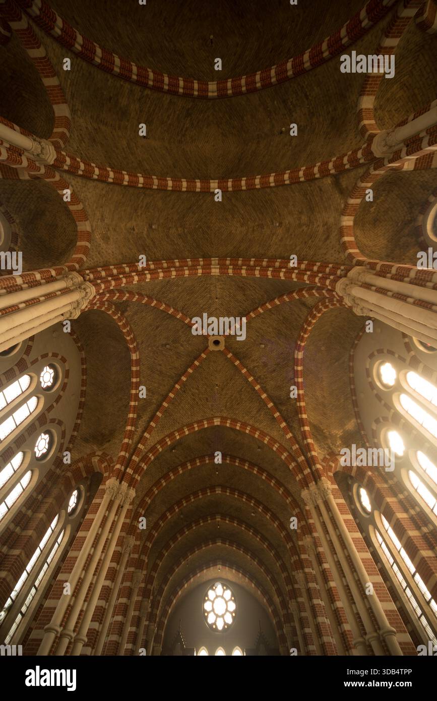 Gotische Kathedrale mit gerippten Gewölben, gestreiften Ziegelbögen und Rosenfenster Stockfoto