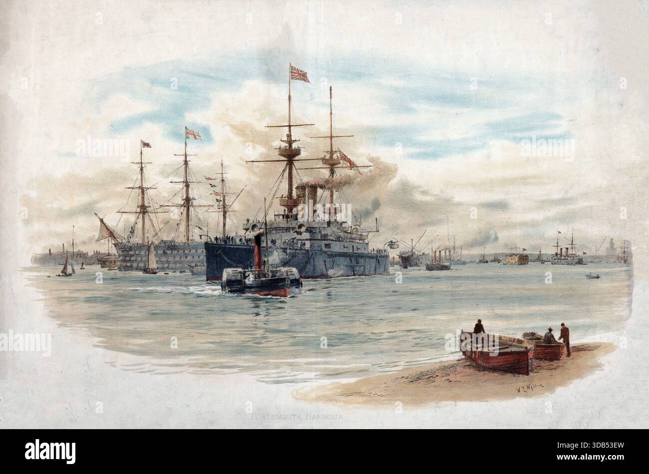 Portsmouth Harbour, eine Meeresbucht an der Mündung des Piscataqua River, der hier die Grenze zwischen den bundesstaaten New Hampshire (Rockingham County) und Maine (York County), Amerika bildet, authentische Reproduktion einer historischen Schulwand, um 1900 Stockfoto