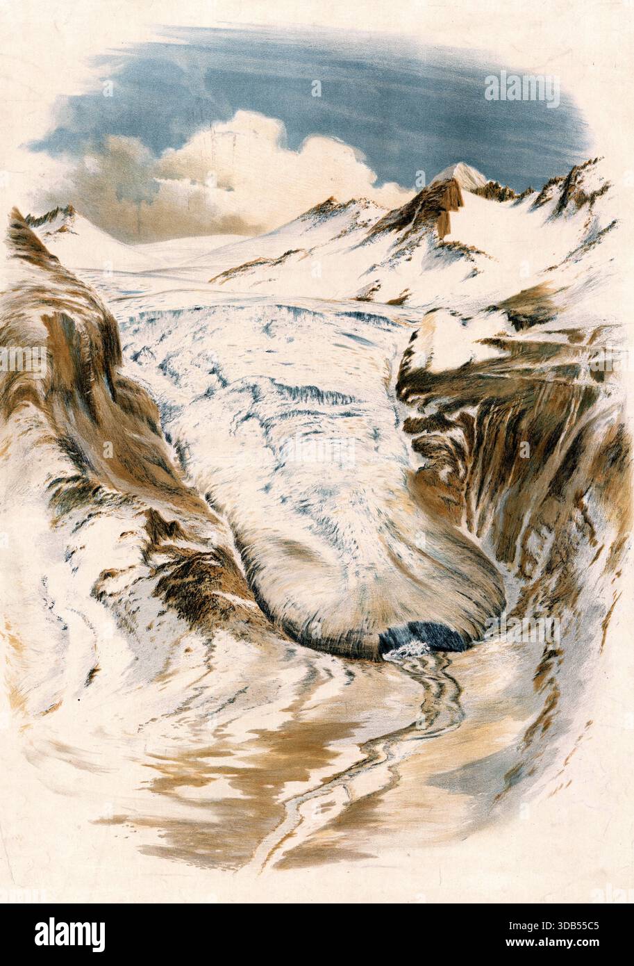 "Der Rhonegletscher ist ein Talgletscher im Quellgebiet der Rhone im äußersten Nordosten des Kantons Wallis in den Zentralalpen der Schweiz; authentische Reproduktion einer Schulwandkarte, historisch, um 1900" Stockfoto