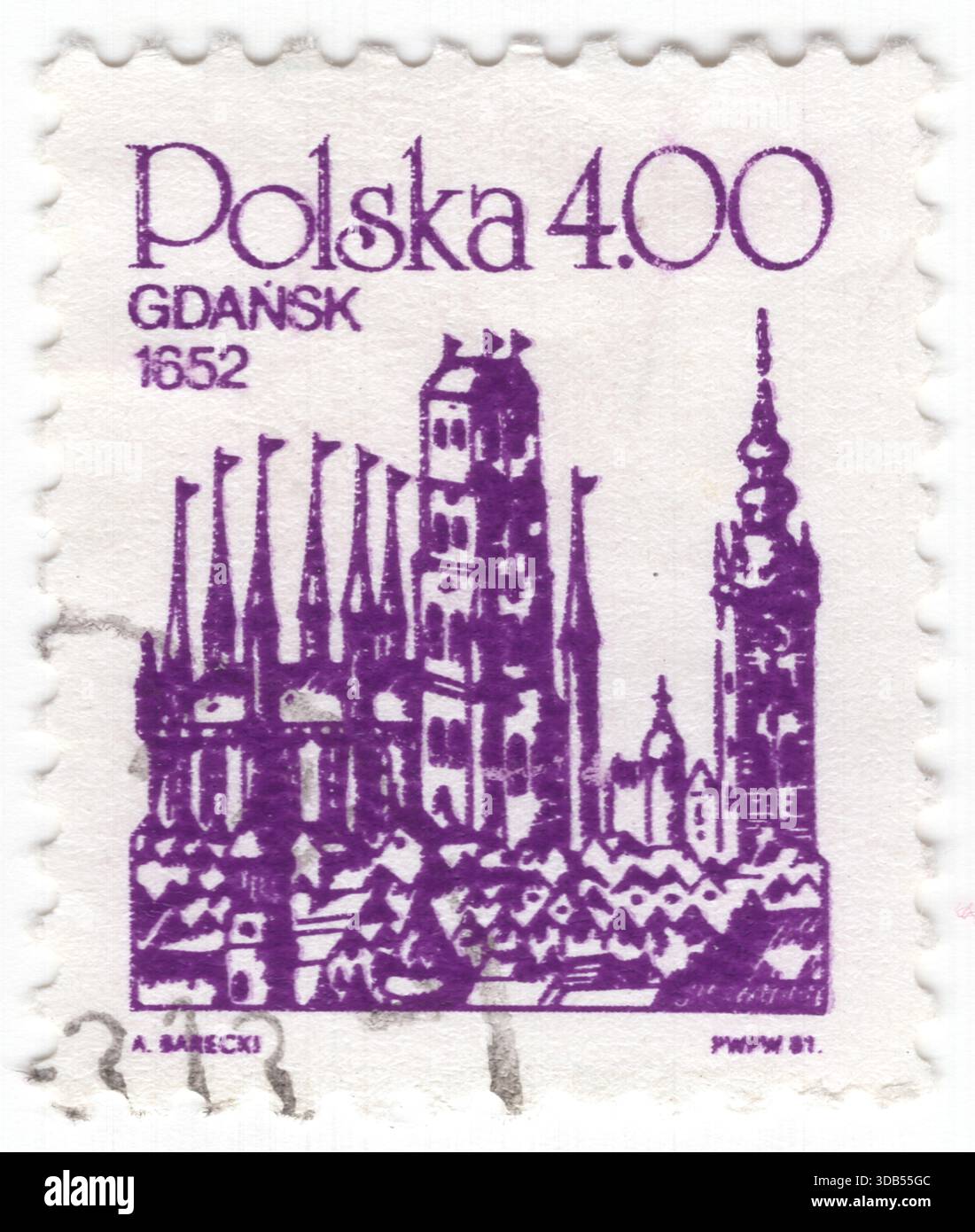 POLEN — 28. Juli 1981: 4 Zloty blau-violette Briefmarke, die ein Panorama der Danziger Altstadt im Jahr 1652 darstellt. Es ist das älteste Gebiet der Stadt, dem Stadtrechte oder -Privilegien gewährt wurden. Die Altstadt war 970 und 980 Schauplatz einer kleinen befestigten Siedlung, die für einen Großteil ihrer frühen Geschichte den Hauptteil und zentralen Teil der Stadt Gdańsk umfasste. 1308 wurde es zerstört und verbrannt, während das Massaker von Gdańsk durch den Deutschen Orden durchgeführt wurde und sich langsam erholte, hauptsächlich als Vorort der nahegelegenen Main City Stockfoto