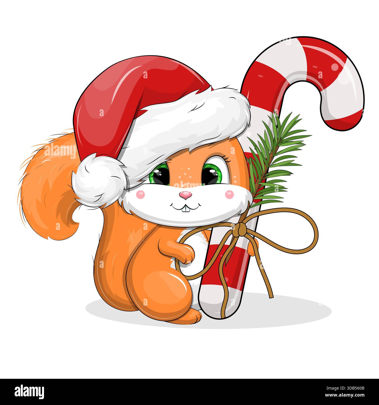 Niedliches Zeichentrick-Eichhörnchen mit Weihnachtsmann-Hut und Zuckerrohr. Neujahrsvektor-Illustration von tierischen und süßen Lebensmitteln auf weißem Hintergrund. Stock Vektor