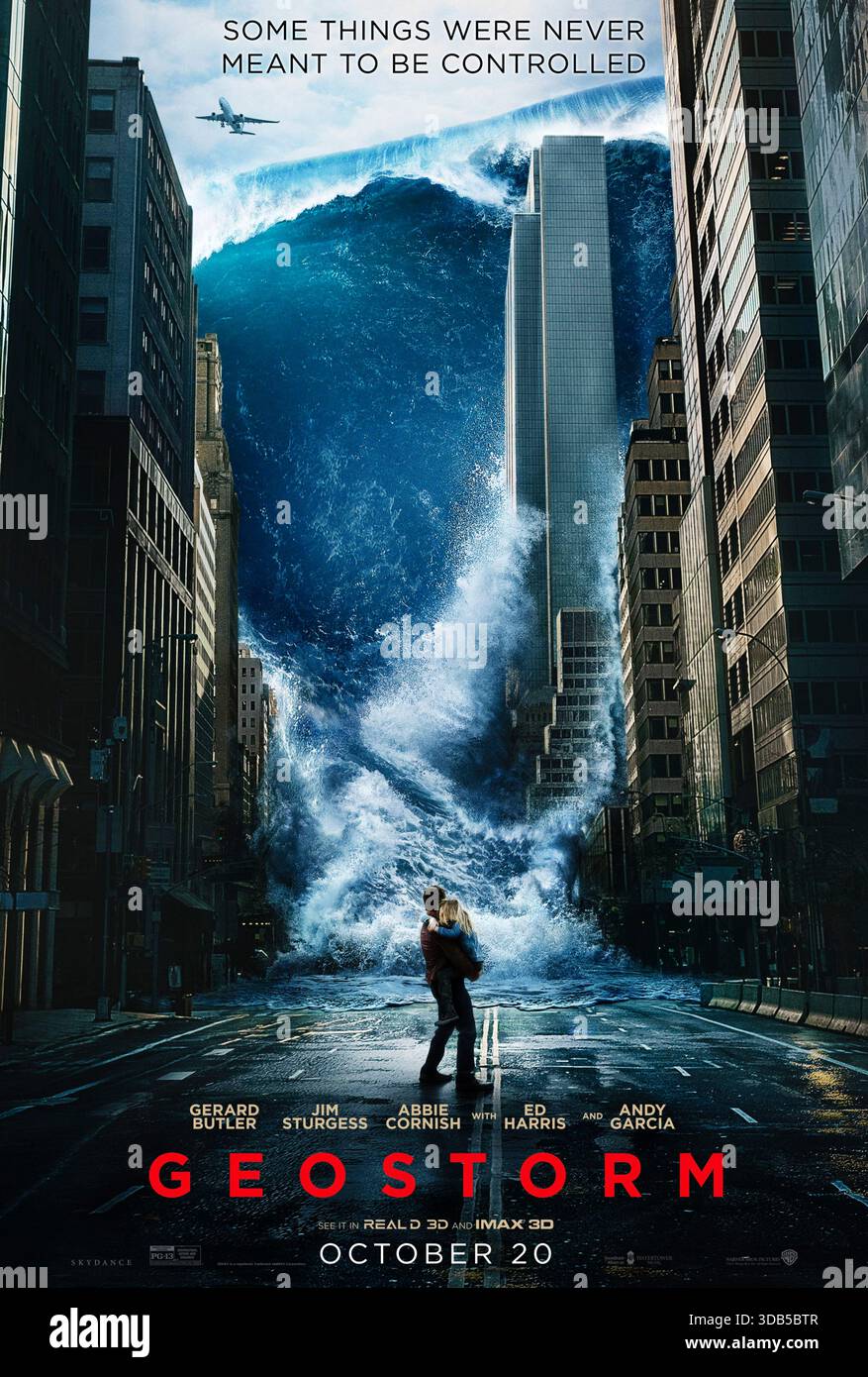 Geostorm (2017) unter der Regie von Dean Devlin mit Gerard Butler, Jim Sturgess und Abbie Cornish in den Hauptrollen. Wenn ein Netzwerk klimakontrollierender Satelliten ausfällt und den Planeten angreift, muss ein Wissenschaftler die Raumstation erreichen, um eine vom Menschen verursachte globale Katastrophe zu stoppen. NUR ZUR REDAKTIONELLEN VERWENDUNG des US-Advance-Posters. Quelle: BFA / Warner Bros Stockfoto