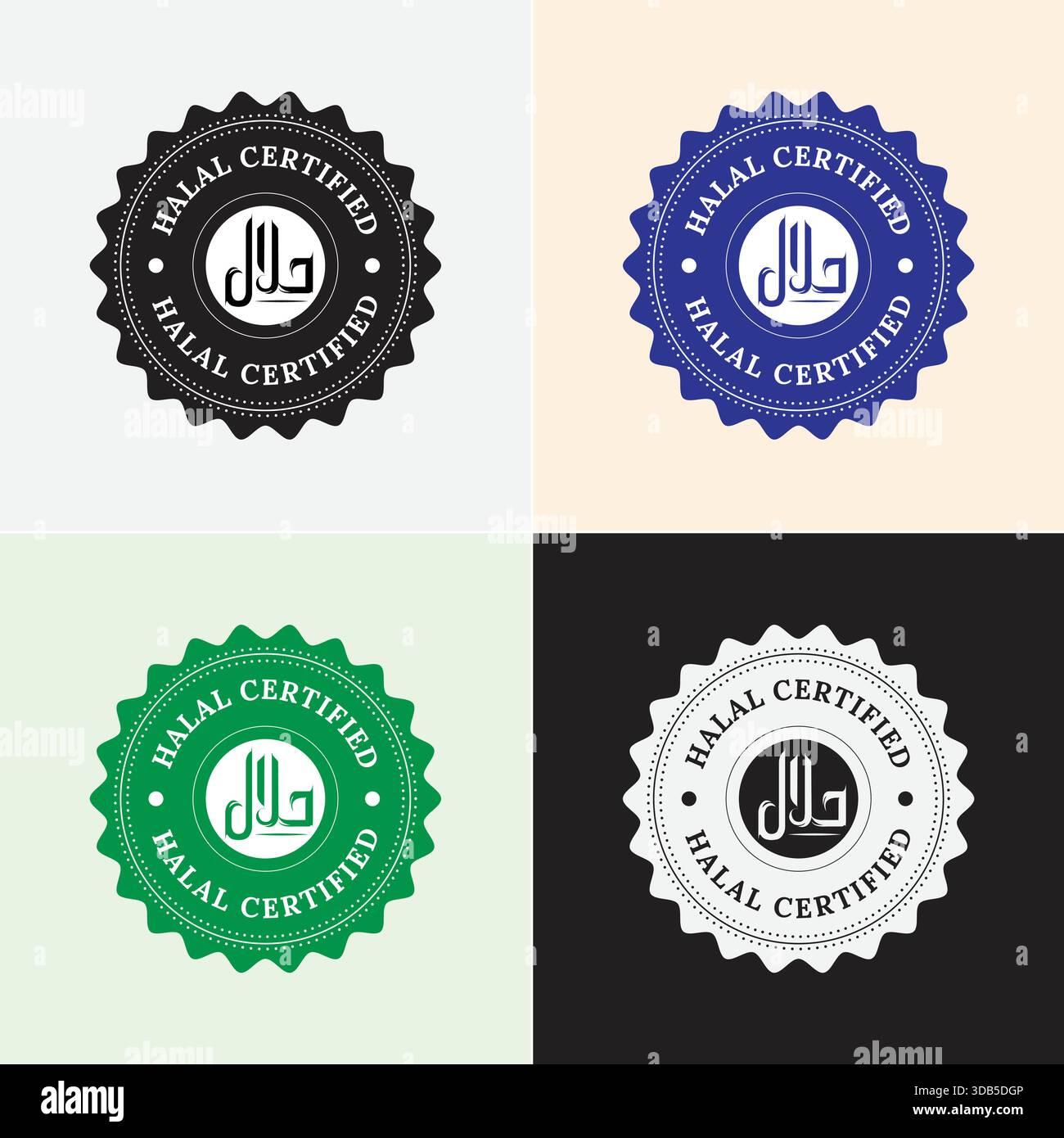 Halal Certified Seal Kollektion blau grün und schwarz und weiß Stock Vektor