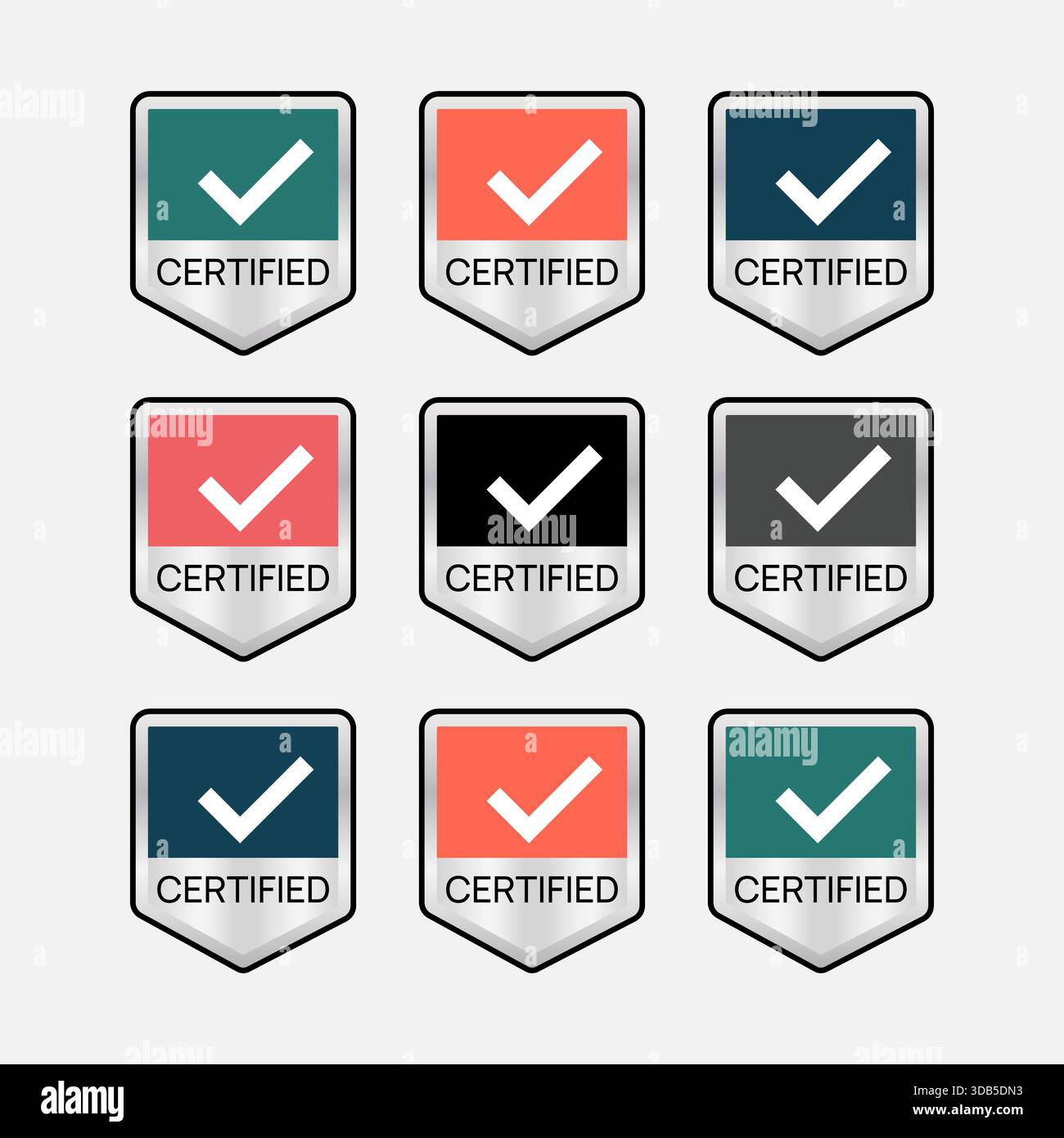 Zertifiziertes Badge Raster Bunte Shield-Symbole mit Häkchen für Produktgenehmigung, Benutzeroberfläche und Branding Stock Vektor