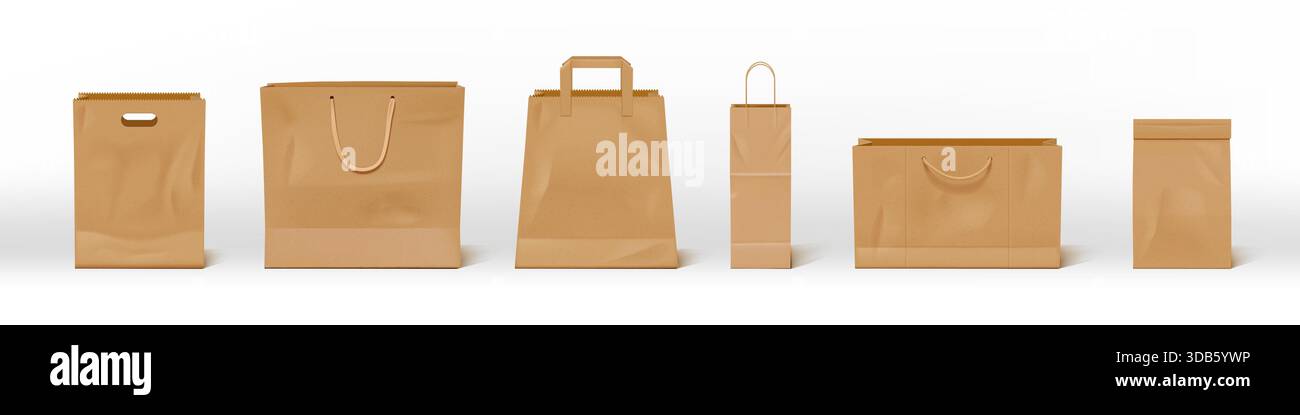 Papiertüte. Braunes Modell mit Handgriff und handwerklichem Paperbag für Branding und Merchandising, 3D-Lebensmittelkarton mit Vorderansicht, wiederverwendbares realistisches Seilpaket für den Einzelhandel. Vektormodell isolierter Satz Stock Vektor