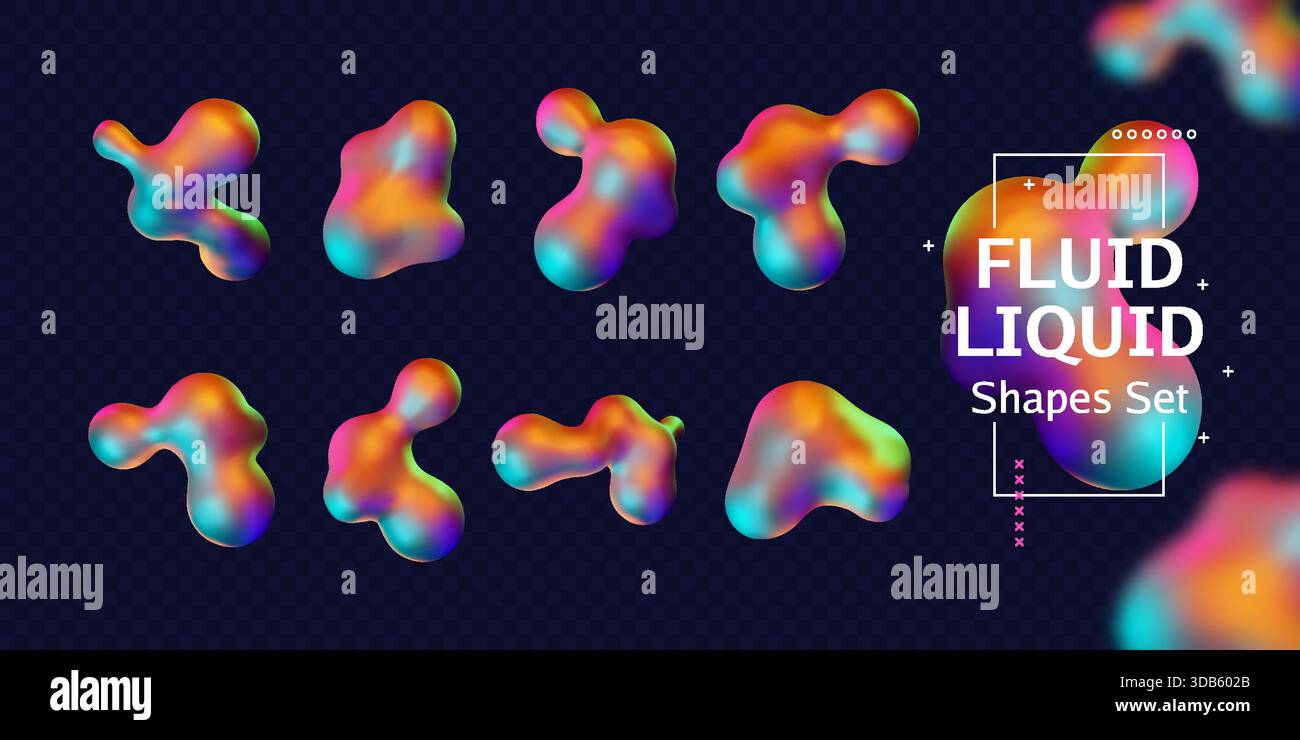 3D-flüssige Formen. Flüssige Chromform. Metallklotz- oder Gradientenhologramm. Schillernder Regenbogenglanz. Glitchwelle und Metaball-Kugeln. Metallic-Flecken. Amorphe Formen. Vektor-Set mit welligen abstrakten Elementen Stock Vektor