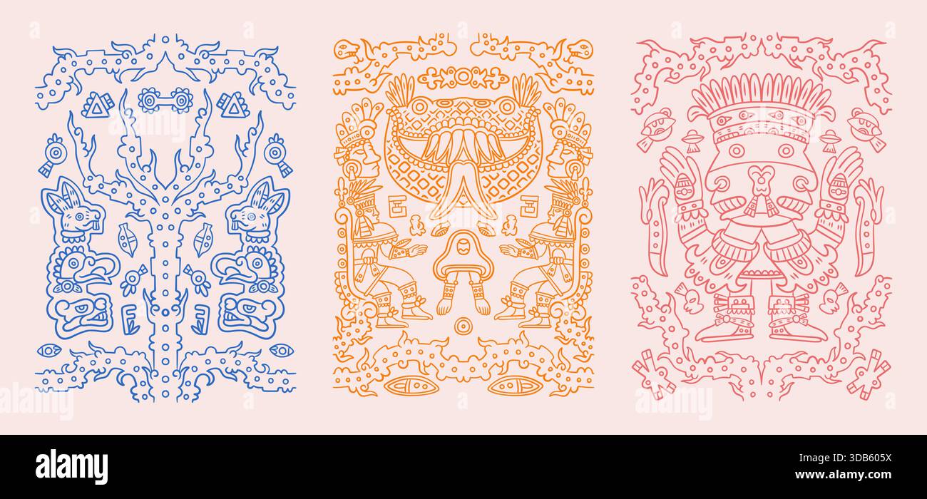 Mexikanisches Muster. Aztekische afrikanische oder mexikanische Elemente, indigene afrikanische Textur oder peruanische maya-Stammaktik. Poster oder Print Ornament Design, Vektor Vintage monochrome isolierte Umrissformen Set Stock Vektor