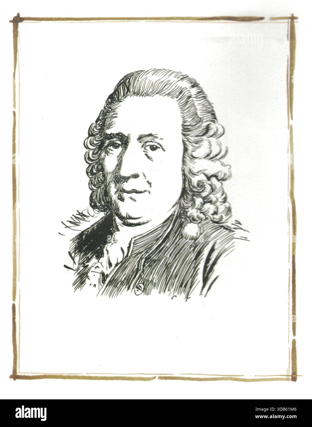 Illustration von Carl Linnaeus. Carl Linnaeus (* 23. Mai 1707, 10. Januar 1778), auch bekannt nach dem Adligen 1761 Carl von Linn, war ein schwedischer Biologe und Arzt, der die Binomialnomenklatur, das moderne System der Benennung von Organismen, formalisierte. Er gilt als Vater der modernen Taxonomie. Viele seiner Schriften waren in lateinischer Sprache. Sein Name wird in lateinischer Sprache als Carolus Linn us und nach seiner Veredelung von 1761 als Carolus a Linn wiedergegeben. Linnaeus war der Sohn eines Kuraten und wurde in Rashult in der ländlichen Gegend von SM Land in Südschweden geboren. Er erhielt den größten Teil seiner Hochschulbildung an der Universität Uppsala A Stockfoto