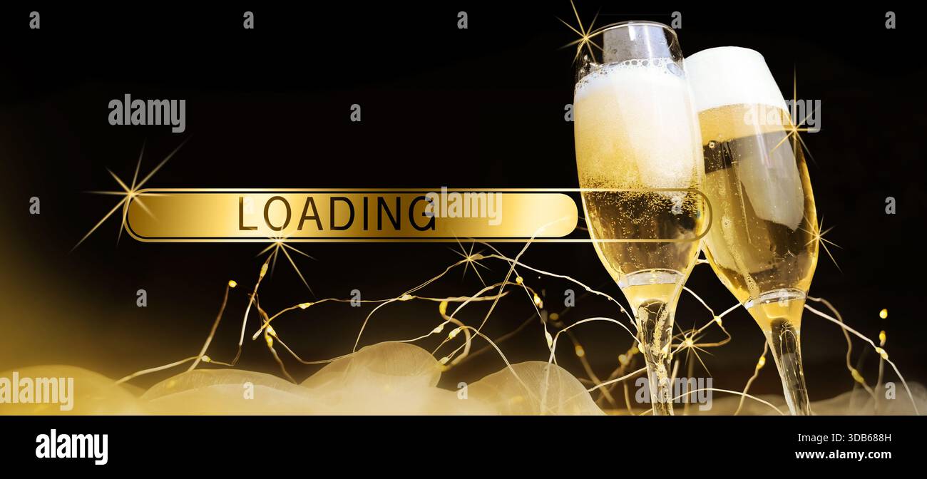 Silvester-Paar-Toast auf 2026 Sektgläser oder Sekt mit spritzendem Champagner. Stockfoto