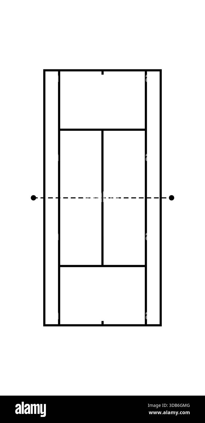 Abbildung der schwarzen Linien eines Tennisplatzes auf weißem Hintergrund, von oben gesehen. Stockfoto