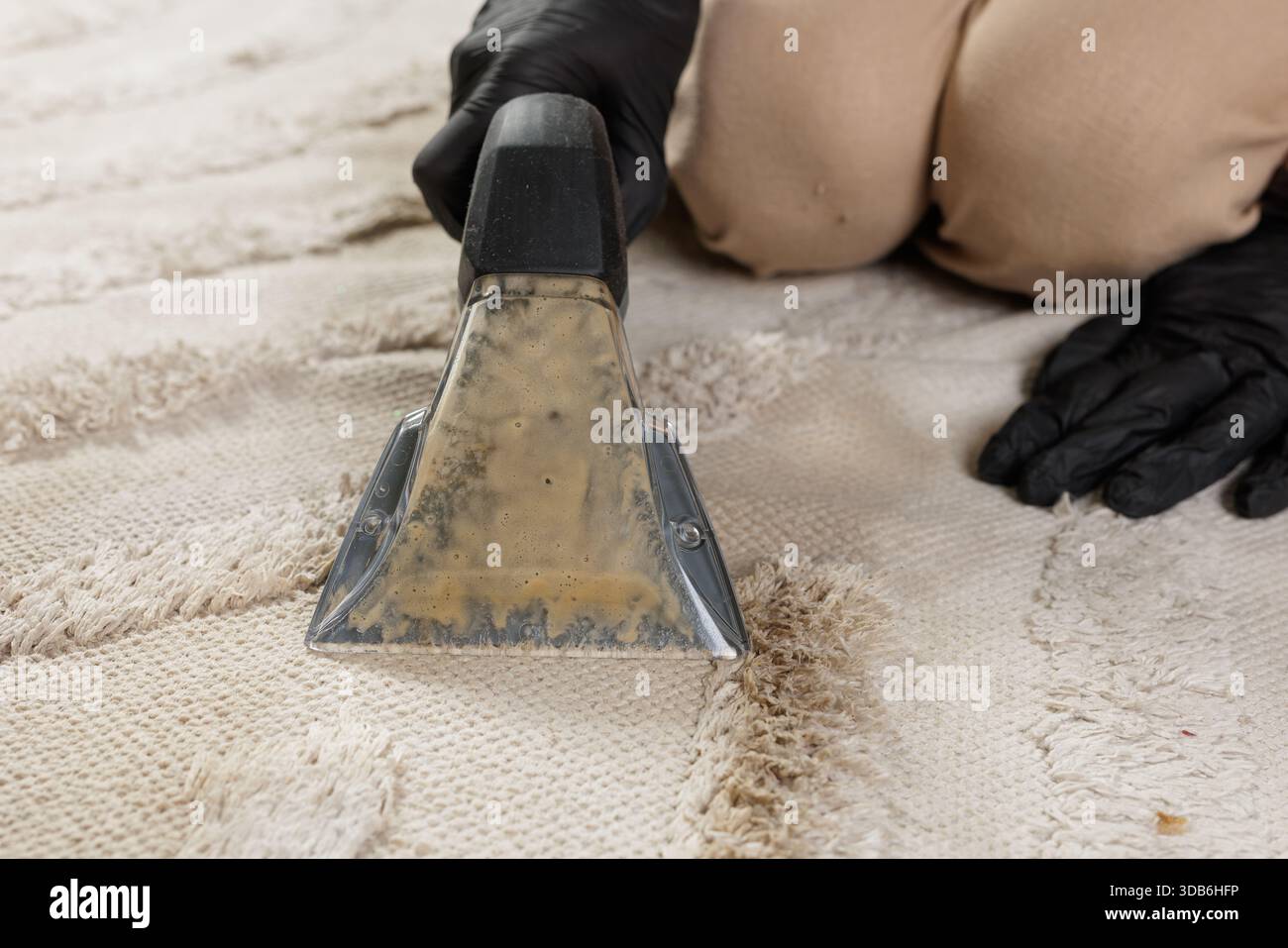 Nahaufnahme der mit schmutziger Lösung gefüllten Teppichwaschdüse beim Desinfizieren von leicht strukturierten Teppichen im Innenraum Stockfoto