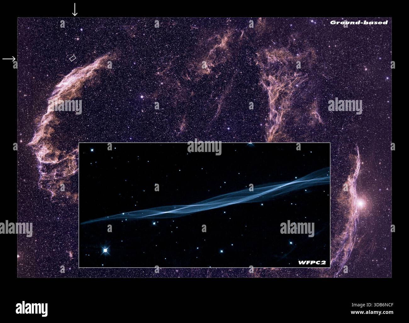 Dieses empfindliche Hubble-Weltraumteleskop zeigt einen winzigen Teil der Cygnus-Schleife, eine Supernova im Sternbild Cygnus, der Schwan. Messungen an diesem superdetaillierten Bild eines kosmischen Schleiers zeigen, dass die ursprüngliche Supernova-Explosion erst vor 5000 Jahren stattfand. Stockfoto