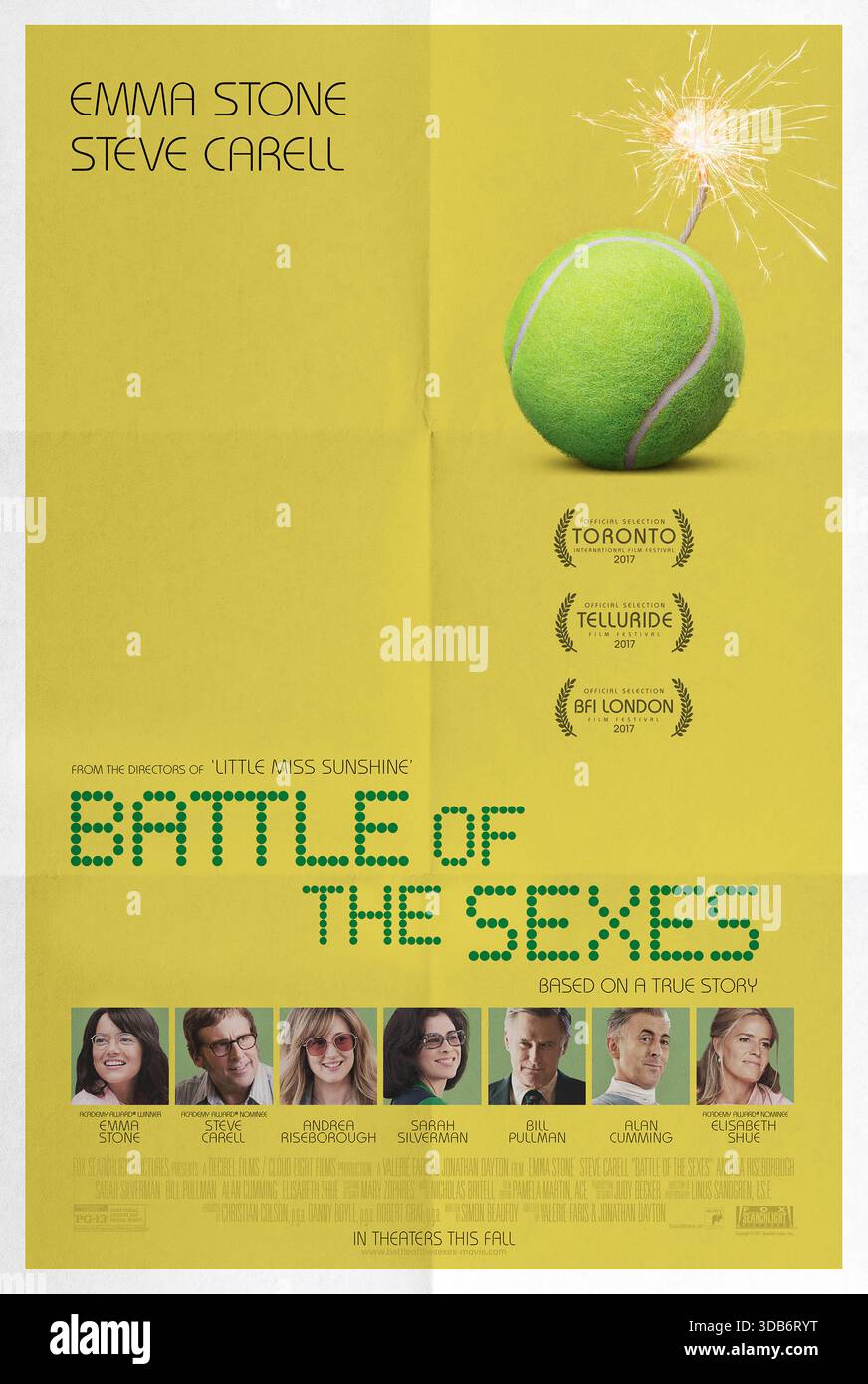 Battle of the Sexes (2017) unter der Regie von Jonathan Dayton und Valerie Faris mit Emma Stone, Steve Carell und Andrea Riseborough. Der Film folgt dem Tennisstar Billie Jean King und dem ehemaligen Champion Bobby Riggs, als sie einem hochkarätigen Match zustimmen, das zum Symbol der Frauenbefreiungsbewegung wird. US-Poster NUR FÜR REDAKTIONELLE ZWECKE. Quelle: BFA / Fox Searchlight Pictures Stockfoto