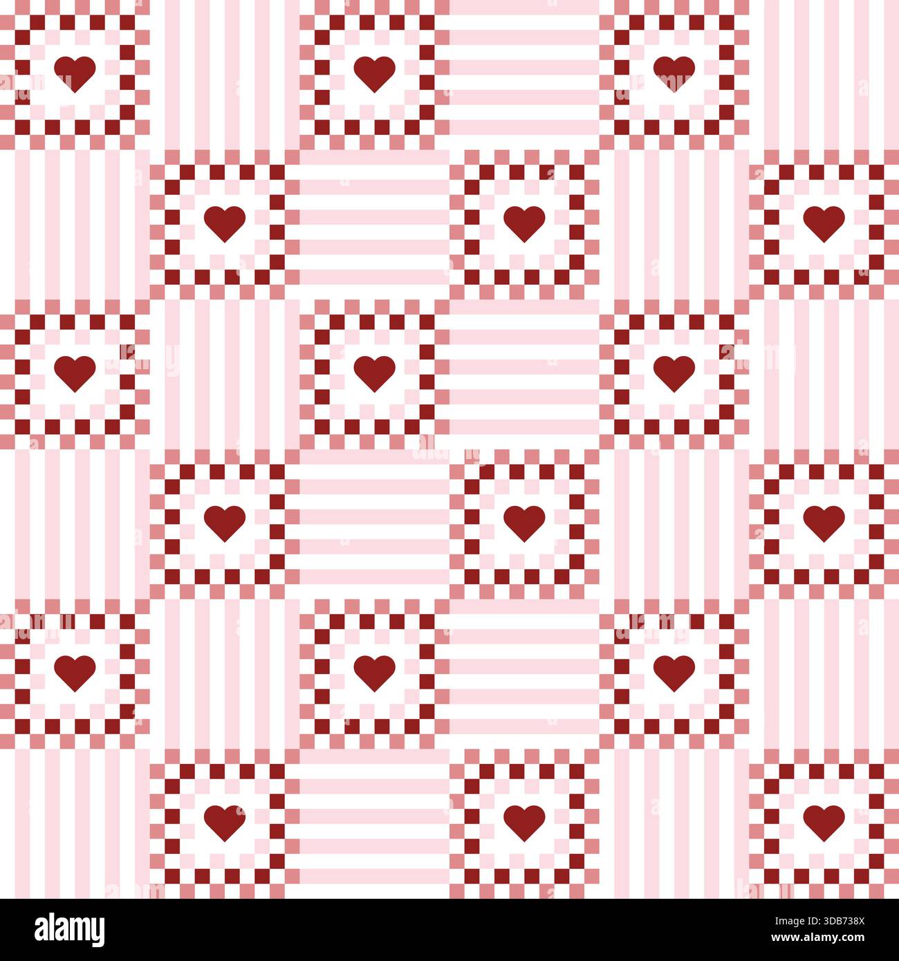 Niedliches, nahtloses Muster mit Patchwork-Herzen. Gestreifte Tapete zum Valentinstag mit Karomuster in Rot und Rosa Stock Vektor