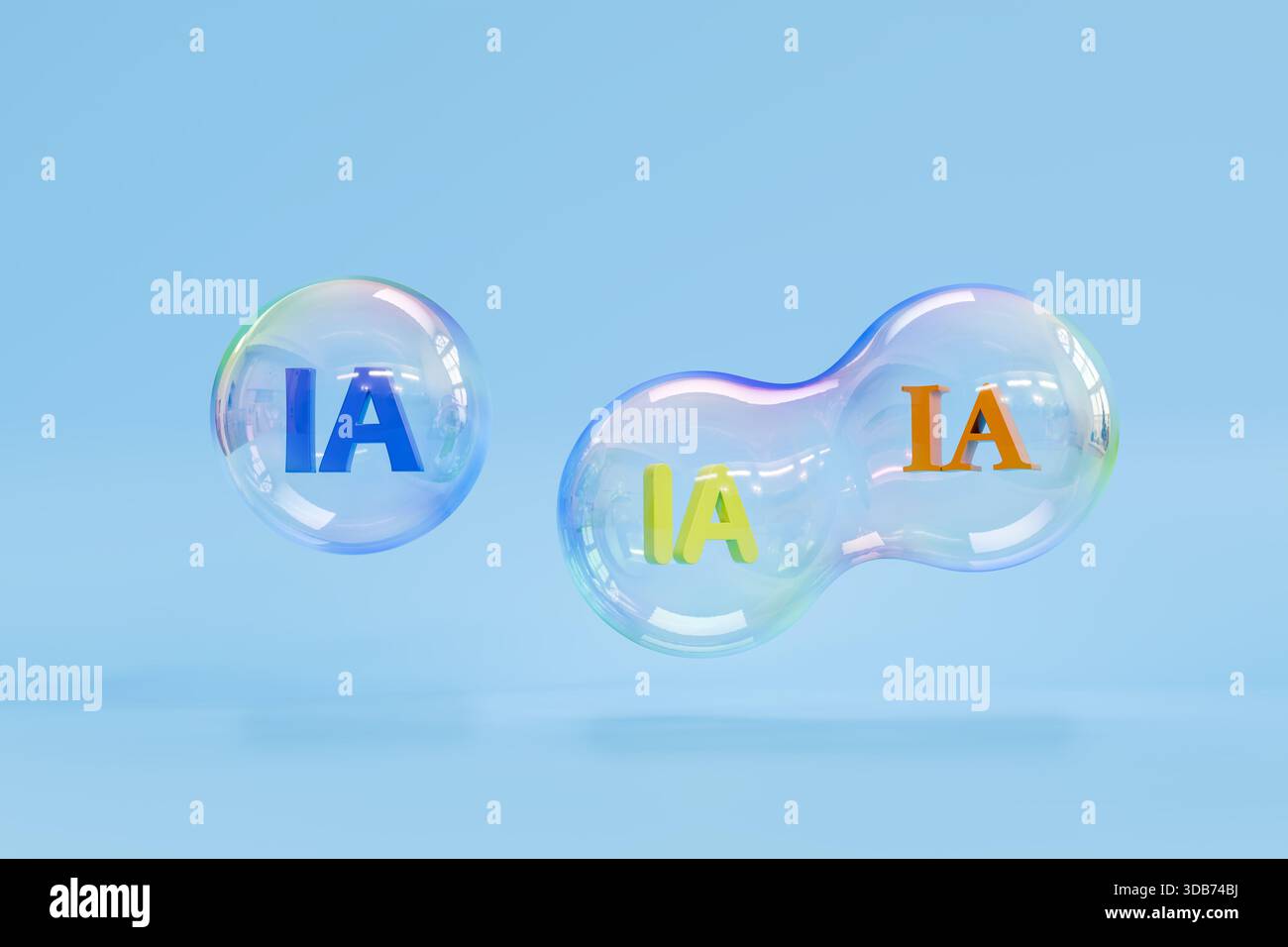 AI-Bubble-Konzept in französischer, spanischer, portugiesischer, italienischer und rumänischer Sprache. Der Text „IA“ in mehreren Farben und Schriftarten, eingebettet in bunten Blasen. Stockfoto