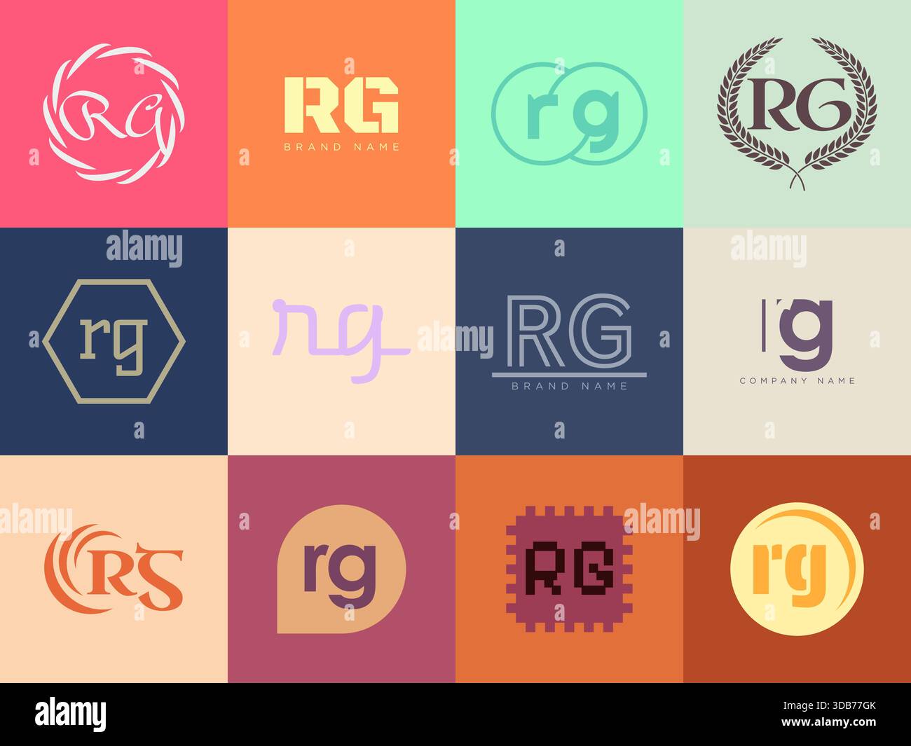 Unternehmensvorlage mit dem RG-Logo. Schriftzug der Buchstaben r und g. Setzen Sie mit Designelementen verschiedene klassische Serifenschriftarten und modernen, auffälligen Text. Anfängliche Schriftart Stock Vektor