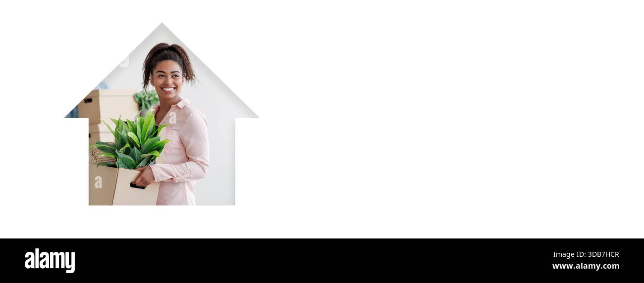 Frau, die Pflanzen hält, während sie an einem sonnigen Tag in ein neues Zuhause zieht Stockfoto