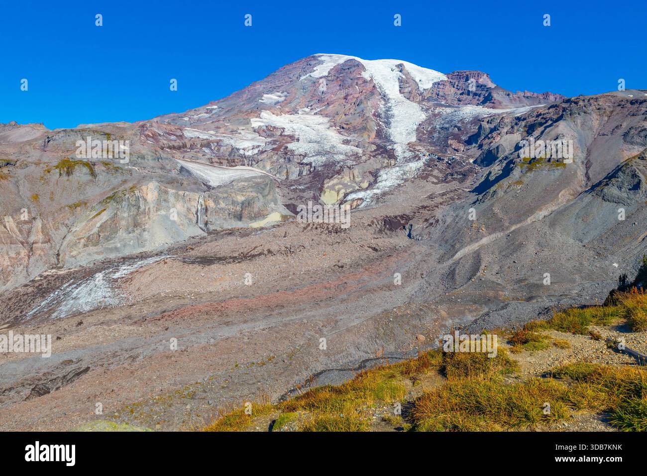 Ein Blick aus nächster Nähe auf den majestätischen Mount Rainier an einem klaren Sommertag, vom legendären Skyline Trail im Mount Rainier National Park aus gesehen Stockfoto