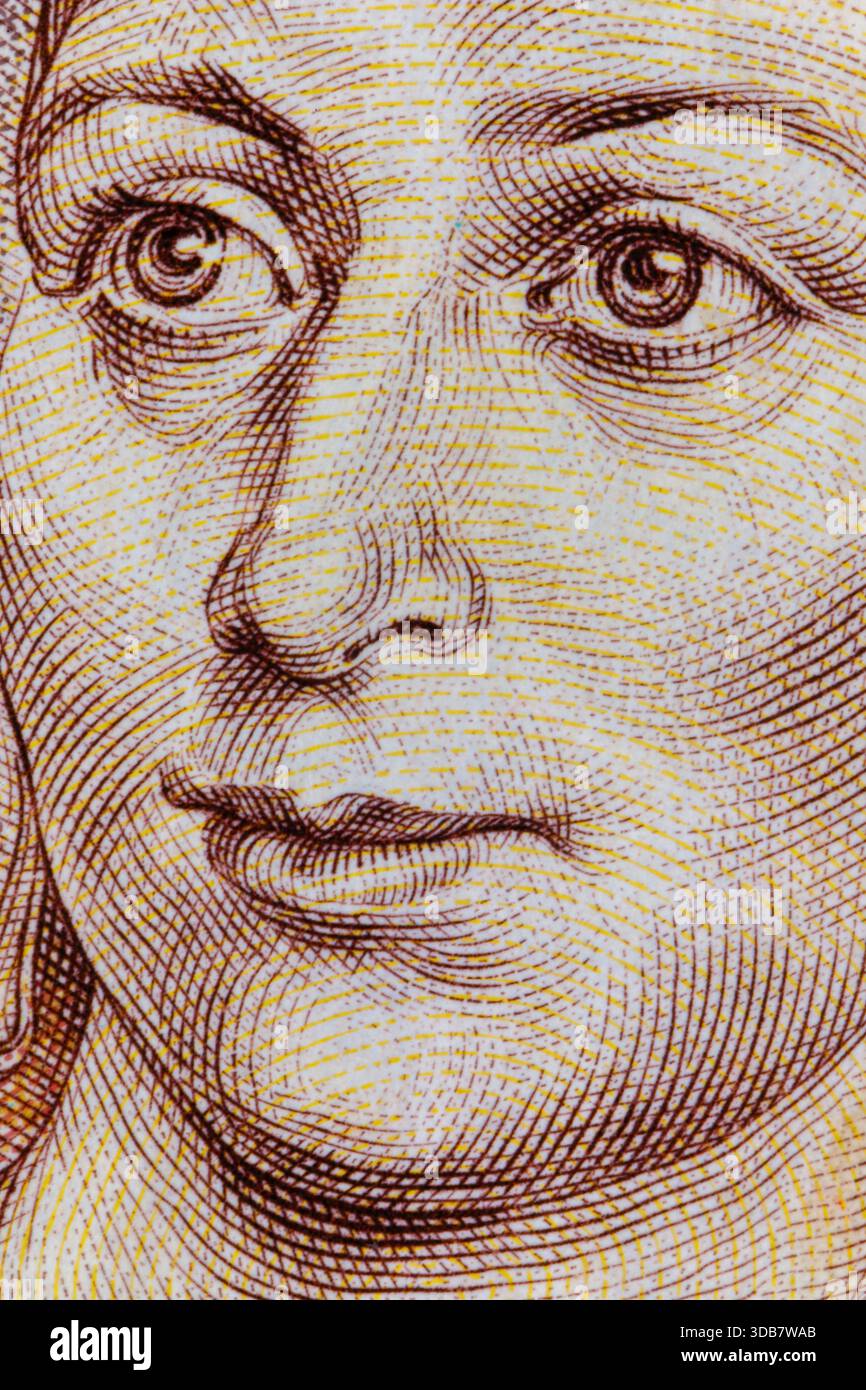 Makroansicht des Porträts von Königin elisabeth II. Auf einer britischen Banknote Stockfoto