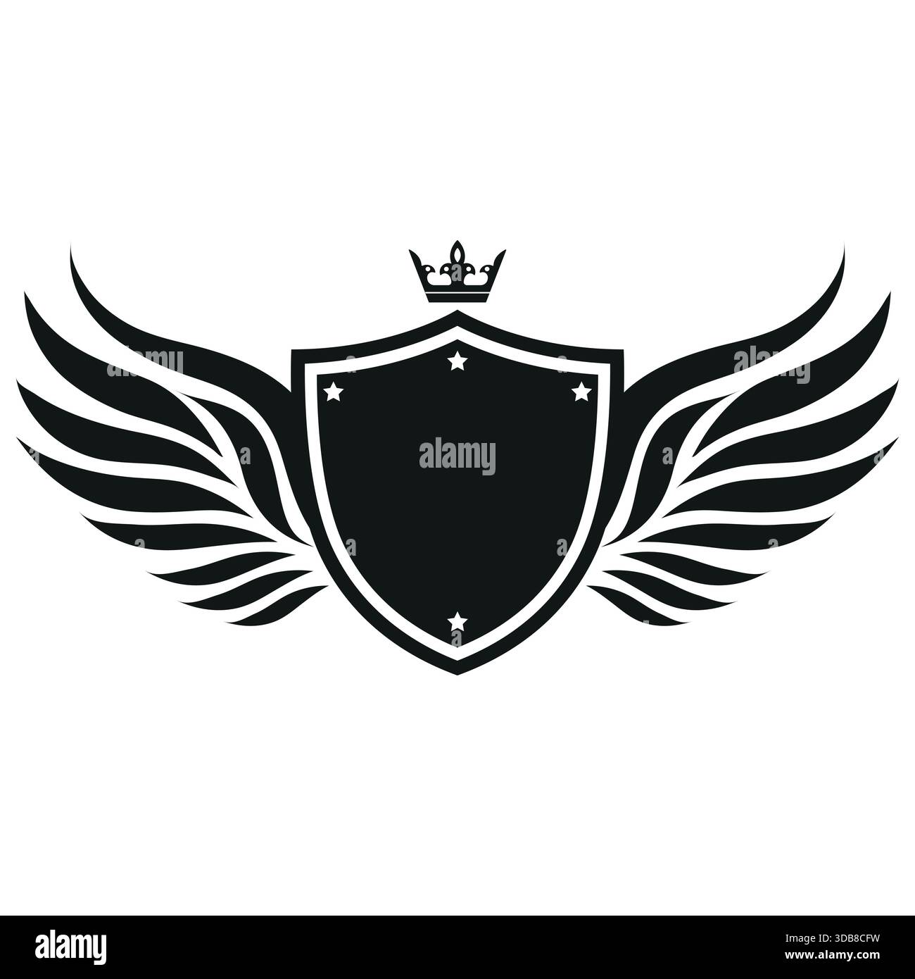 Schild-Logo-Illustration mit Flügeln und Krone auf weißem Hintergrund Stock Vektor