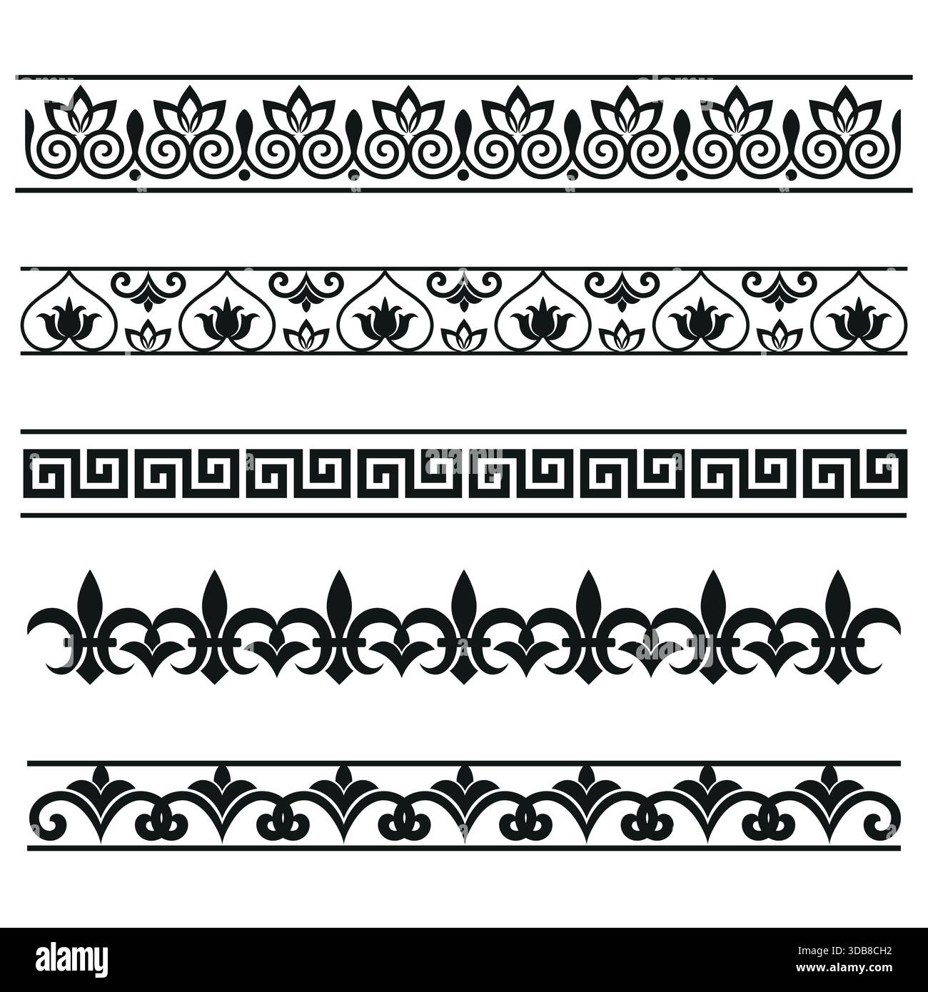 Illustrationsset aus schwarzem abstraktem geometrischem Ornament mit Vintage-Elementen auf weißem Hintergrund Stock Vektor