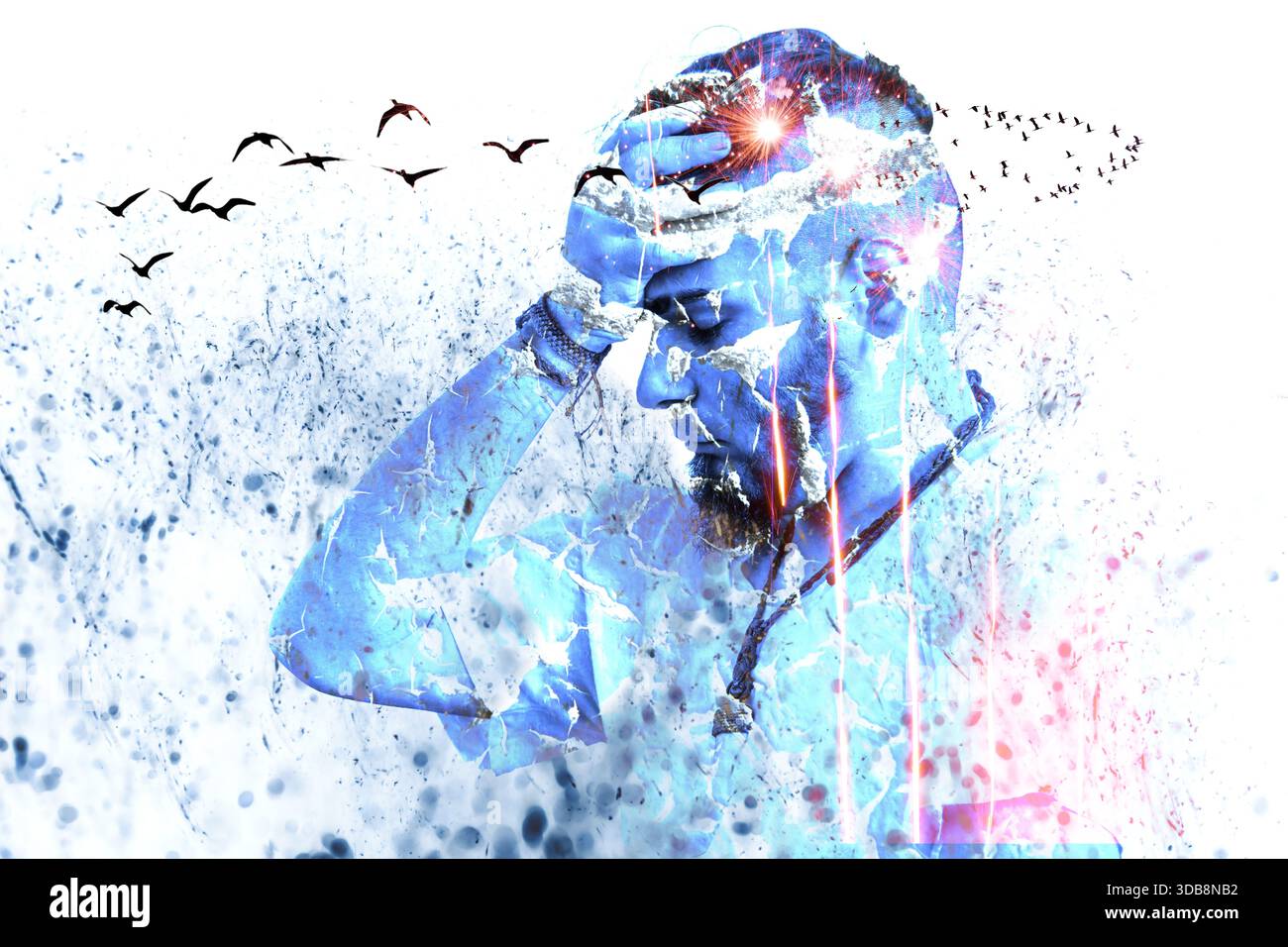 Abstraktes konzeptuelles Porträt eines erwachsenen Mannes mit gebrochener Steinstruktur, ruhigem, aber angespanntem Ausdruck, der Angst, Stress und Depression symbolisiert.·mental h Stockfoto