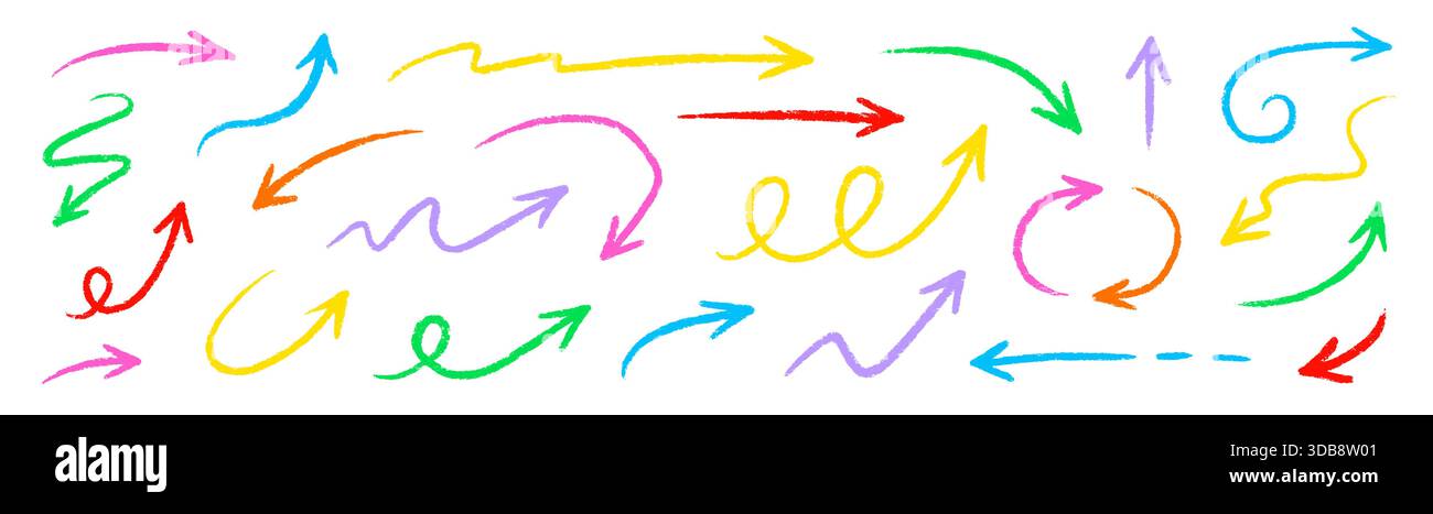 Pfeil Farbe Buntstift Linie Set. Hand gezeichnet Doodle Buntstift Kreide Textur Pinsel Kontur Farbkurve, Wellenpfeil. Sammlung von Elementen für die Zeilenkreide mit Textur und Bleistiftrichtung. Vektorabbildung Stock Vektor