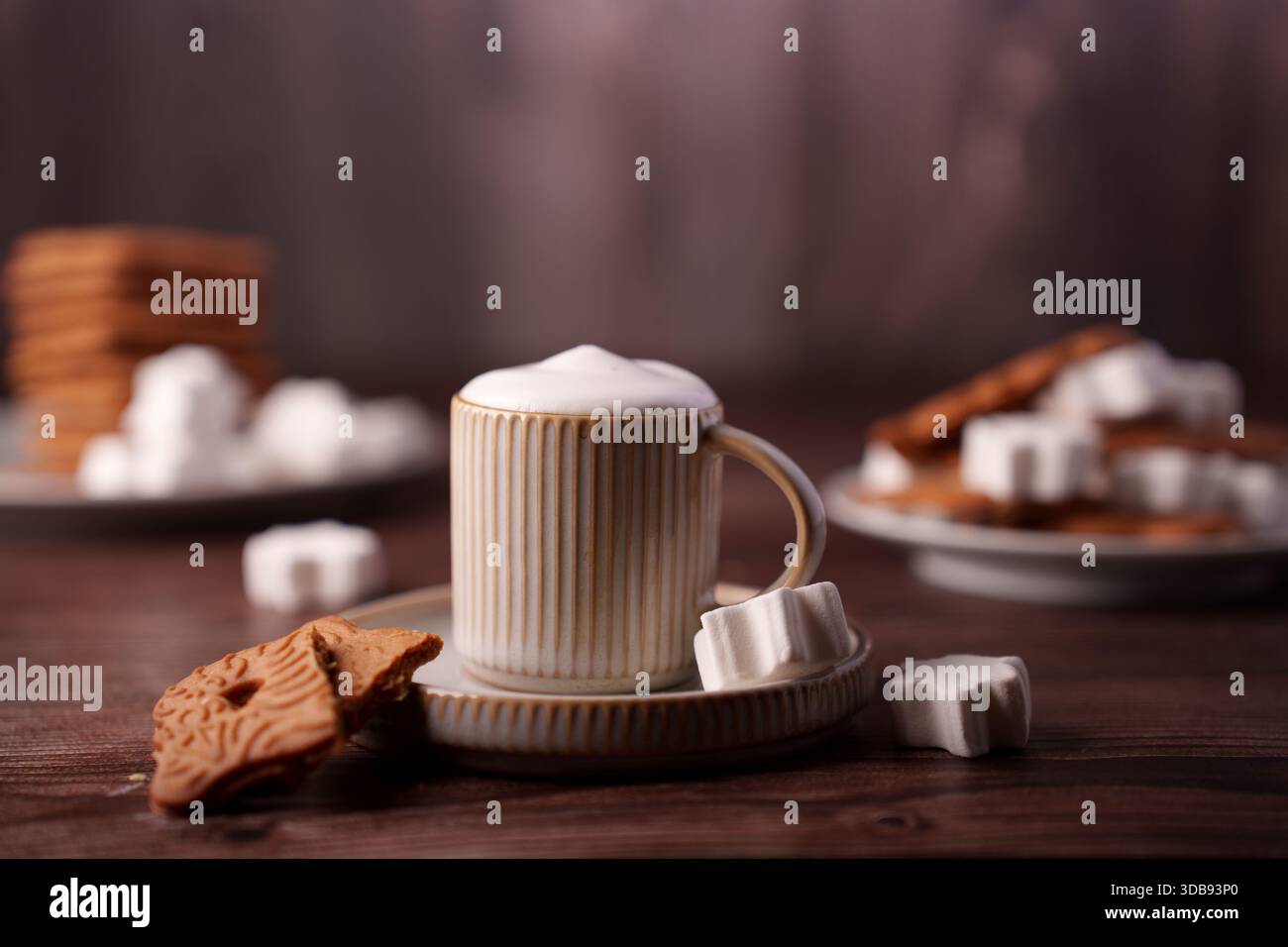 Warme und gemütliche Szene mit einem Keramikbecher mit Schaum-Getränk umgeben von Marshmallows und Keksen auf einem Holztisch, der einen rus ausstrahlt Stockfoto