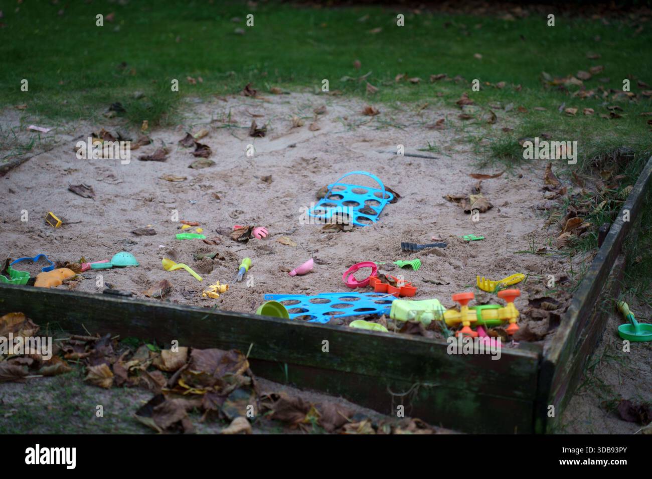 Verlassene Sandkiste mit bunten Spielzeugen inmitten gefallener Blätter an einem ruhigen bewölkten Tag in einer grasbewachsenen Umgebung im Freien, Abenteuer, lässig, isoliert, unordentlich, rev Stockfoto