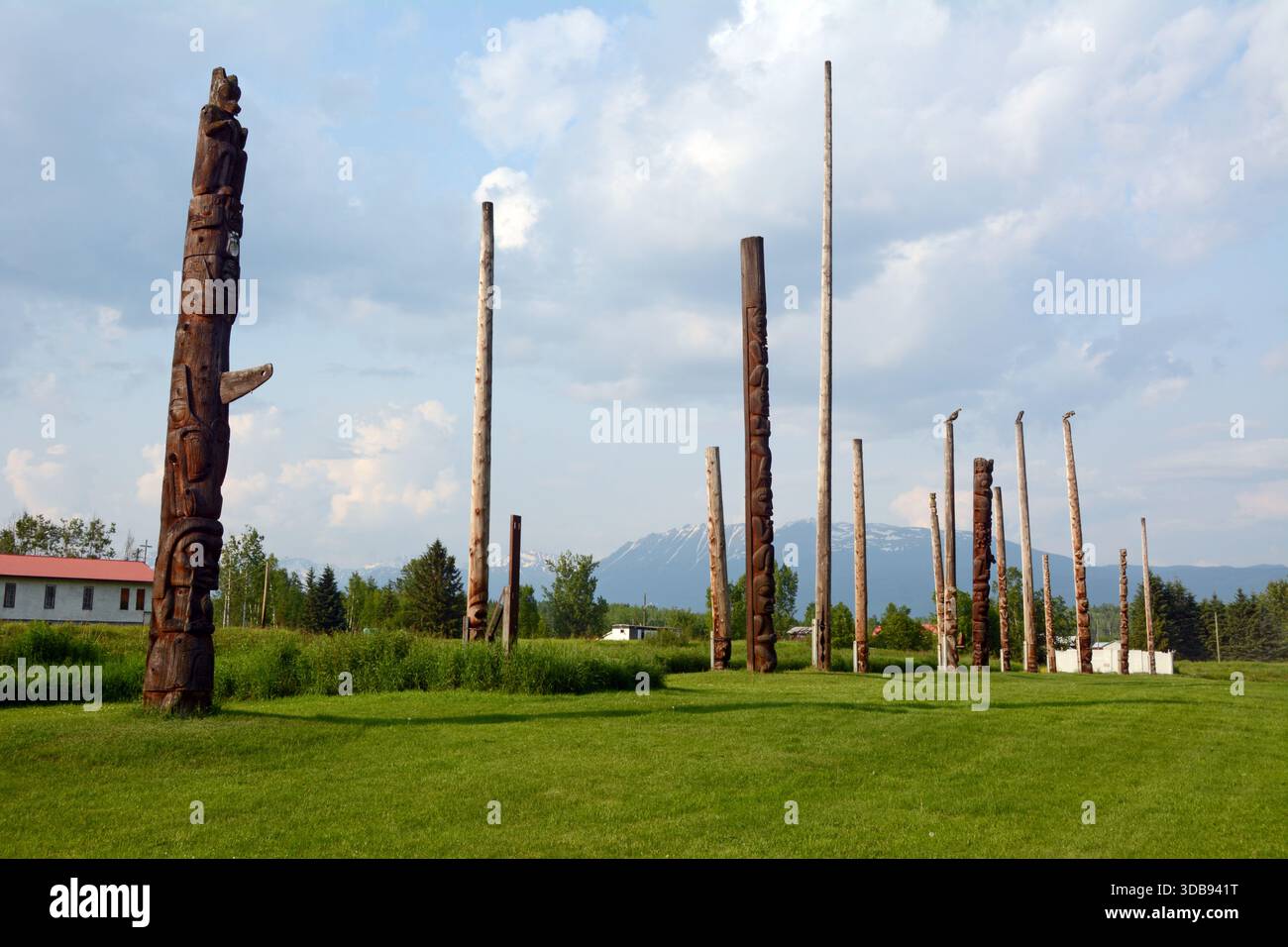 Eine Gruppe von Totempfählen im Nordwesten im Dorf Kispiox im Skeena River Valley im Norden von British Columbia, Kanada. Stockfoto
