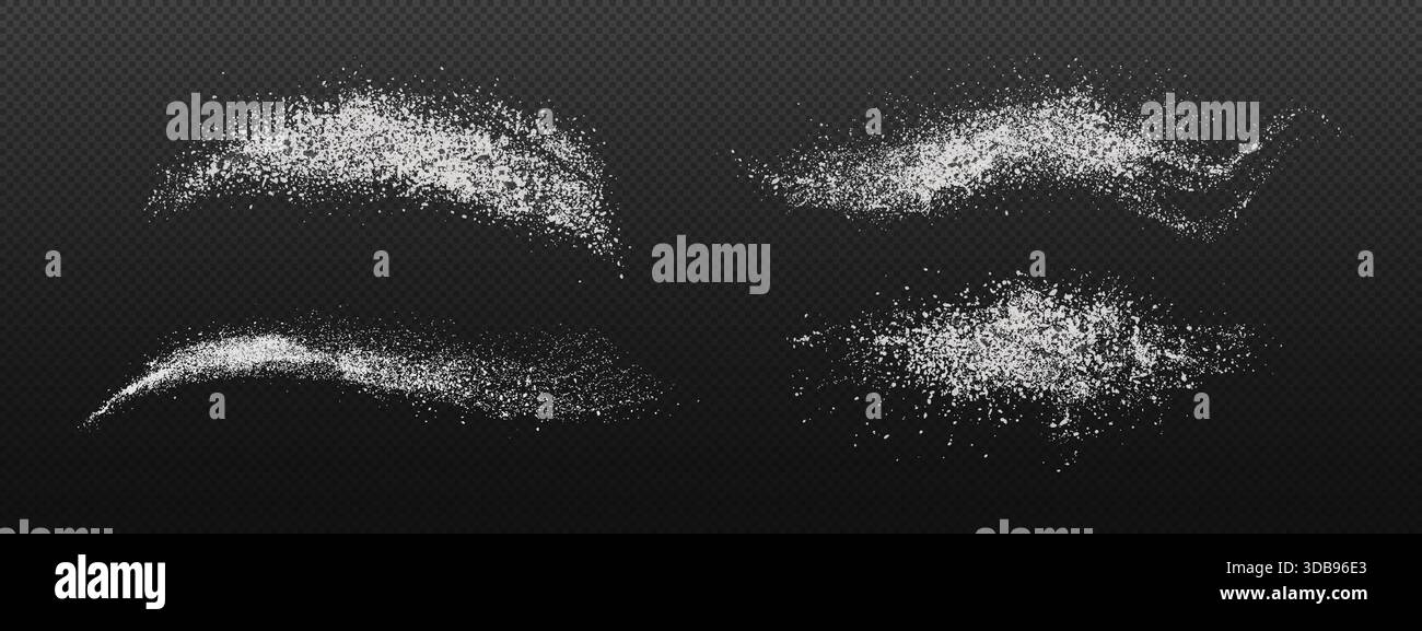 Feines Mehl oder Zuckerkristalle und Salzgranulat mit Spritzwasser-Effekt. Isolierte weiße Pulverpartikel stapeln sich mit verstreuter Staubkornstruktur auf transparentem Hintergrund für Koch- und Backdesign. Stock Vektor