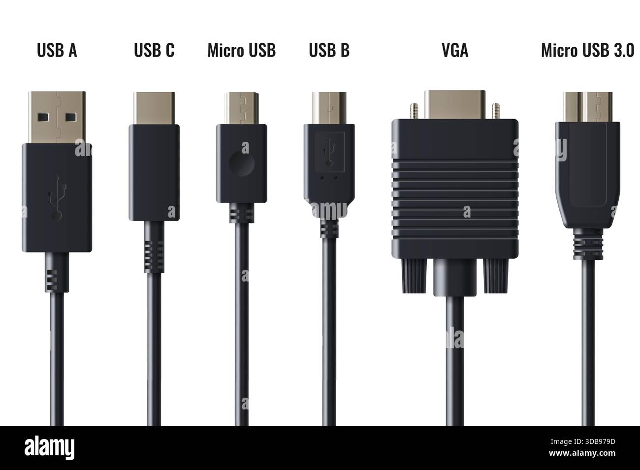 USB-Kabelsatz mit mehreren Steckverbindertypen - Typ A und C, Micro und USB B, VGA-Adapter. Schwarze, realistische, moderne Standardkabel mit verchromten Anschlüssen für Computer, Telefon und Laptop. Stock Vektor