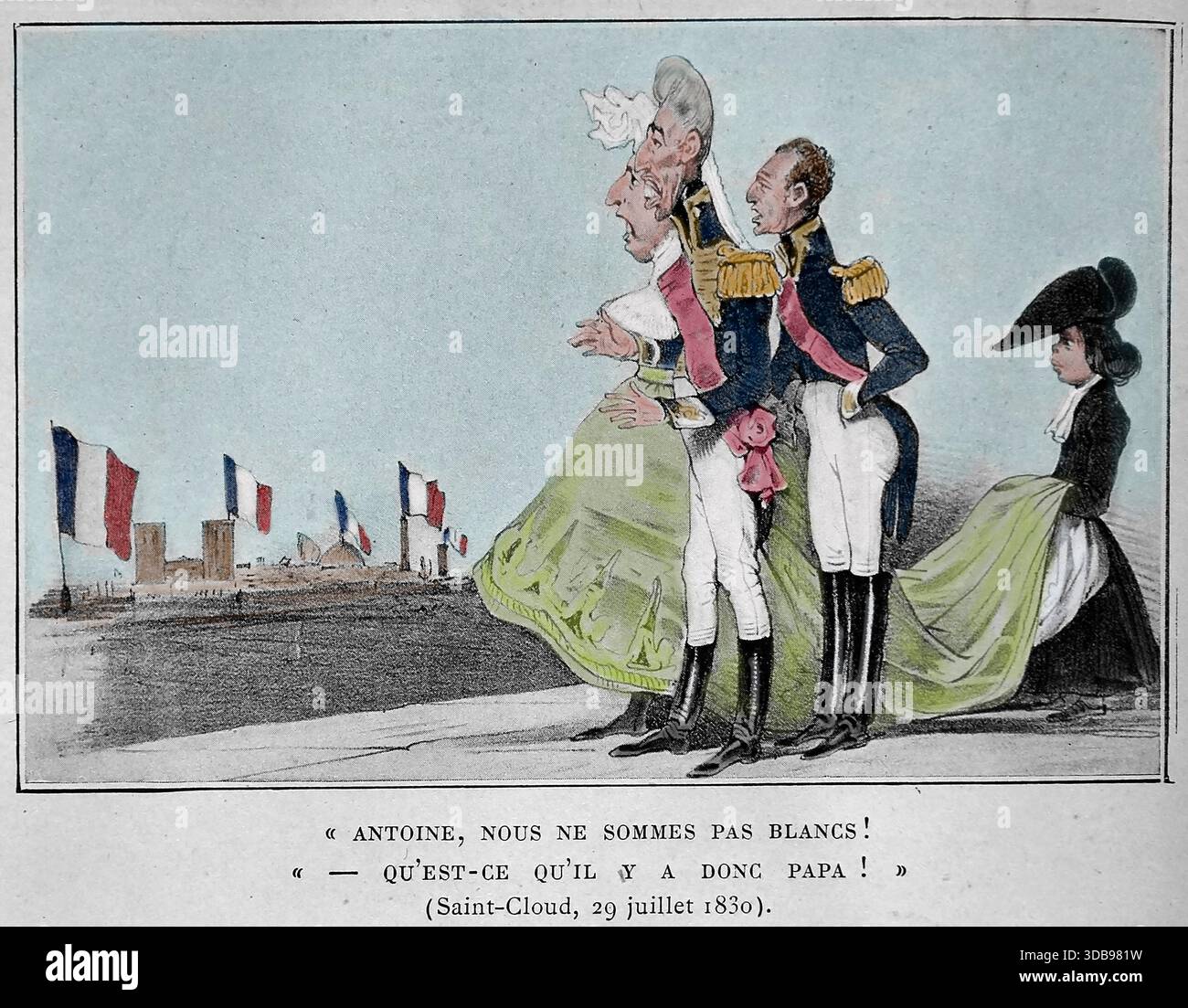 Satire. 1830 Revolution. Frankreich. Satire. Aristokratenpanik. Angst vor dem Tricolor. Antoine, wir sind nicht weiß! (Nicht Royaliests). "Was ist los, Vater?" Stockfoto