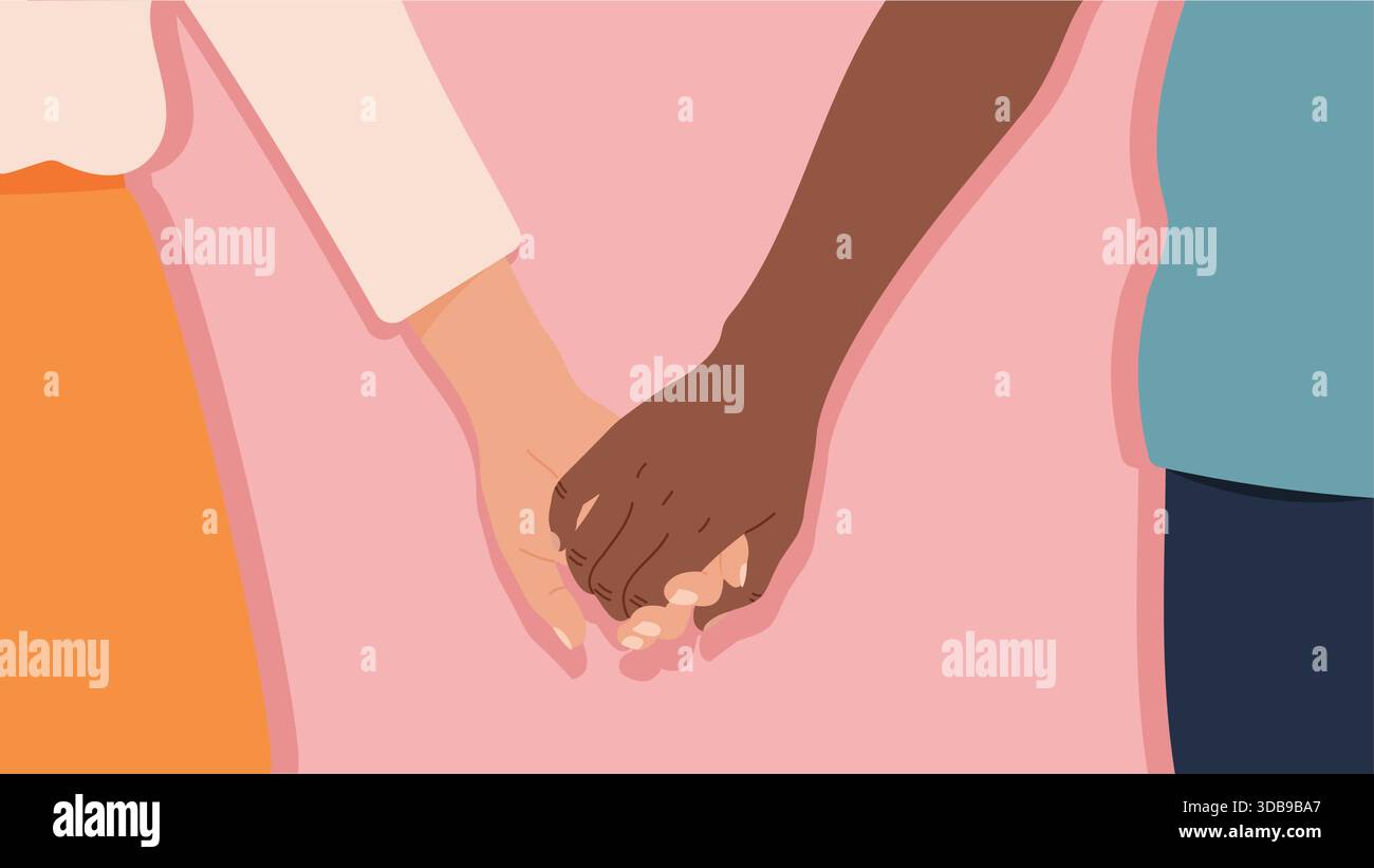 Eine Close-up-Vektor-Illustration, die Vielfalt, Gleichheit, Liebe und Einheit zwischen Menschen verschiedener Rassen oder Hintergründe symbolisiert. Stock Vektor