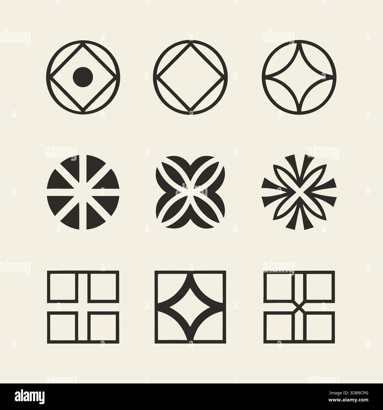 Sammlung von geometrischen dekorativen Symbolen und Mandalaformen isoliert Stock Vektor