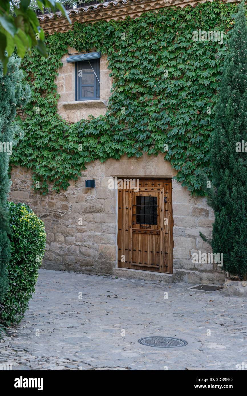 Steinhauseingang teilweise mit Efeu bedeckt auf einer Kopfsteinpflasterstraße in Peratallada, Girona, Katalonien, Spanien Stockfoto
