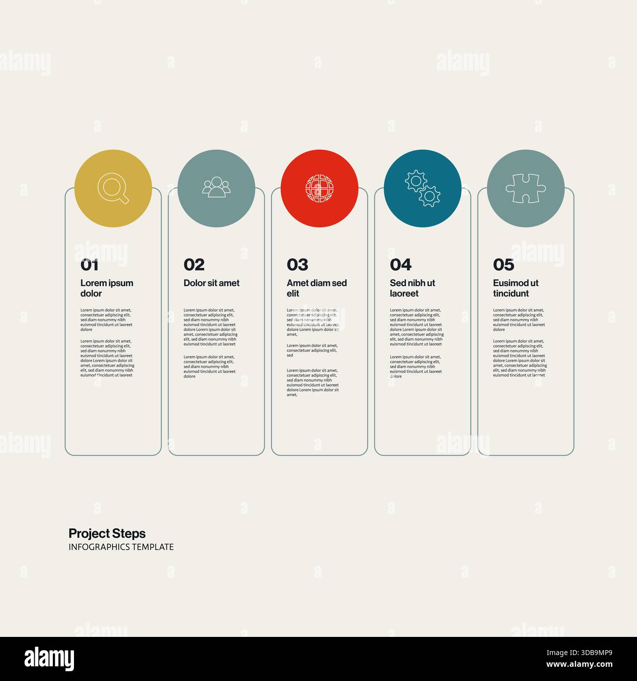 Infografikvorlage für fünfstufige Projektzeitachse mit Symbolen und Textplatzhaltern - Geschäftsprozessdiagramm Stock Vektor