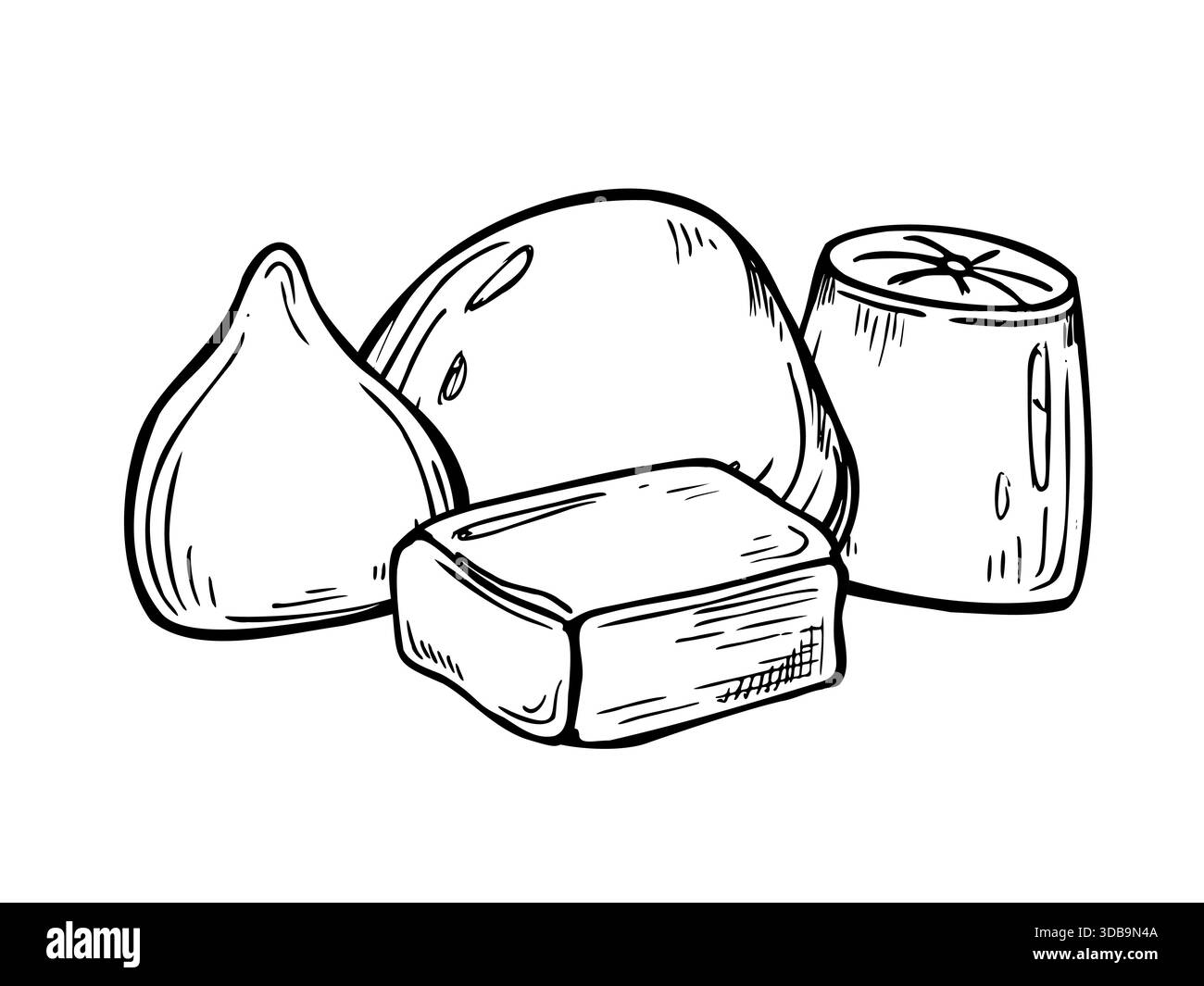 Schokolade Trüffel Süßigkeiten sortierte Vektor isolierte Linie Kunst schwarze Tinte Illustration. Einfarbige handgezeichnete Kakaobonbons in verschiedenen Formen. Stock Vektor